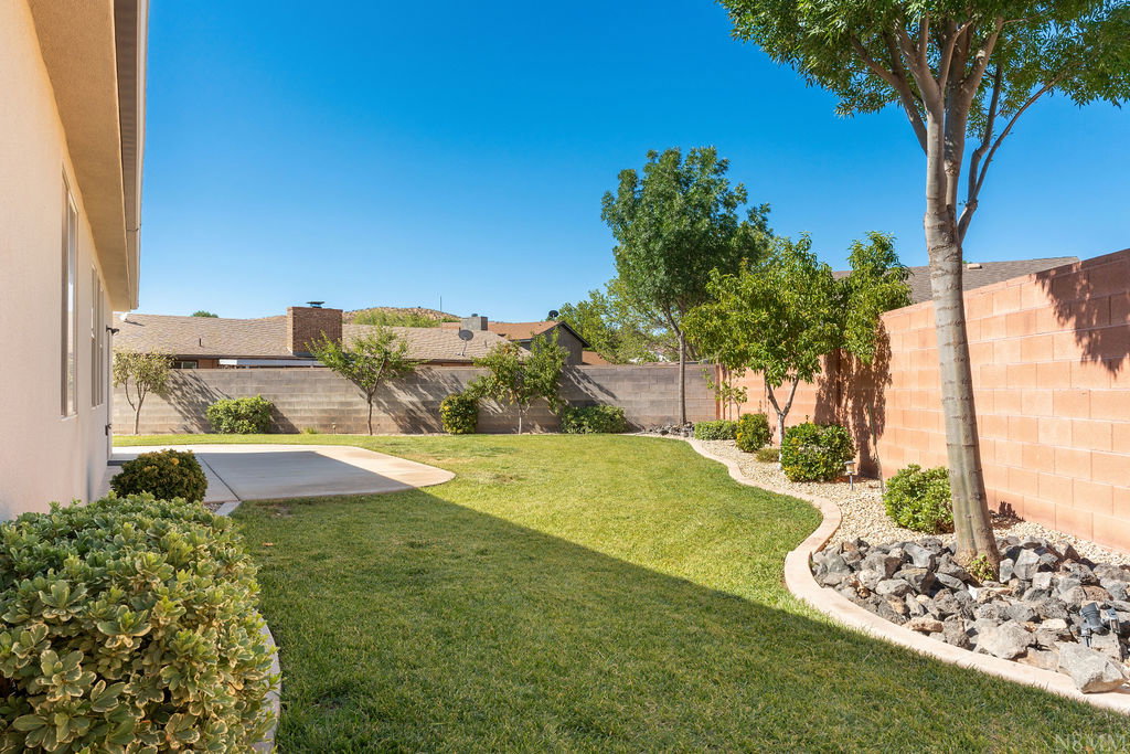Expansive green lawn with a curved concrete patio