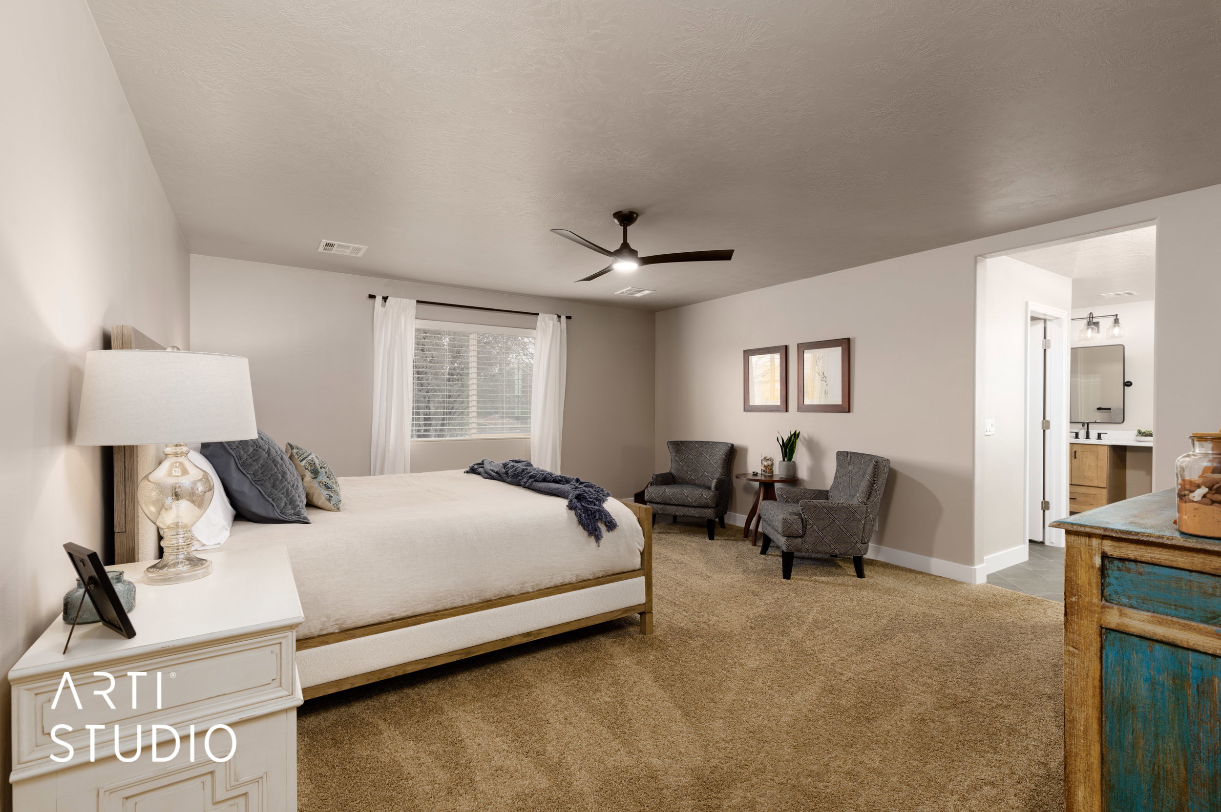Large primary bedroom with custom ensuite bathroom