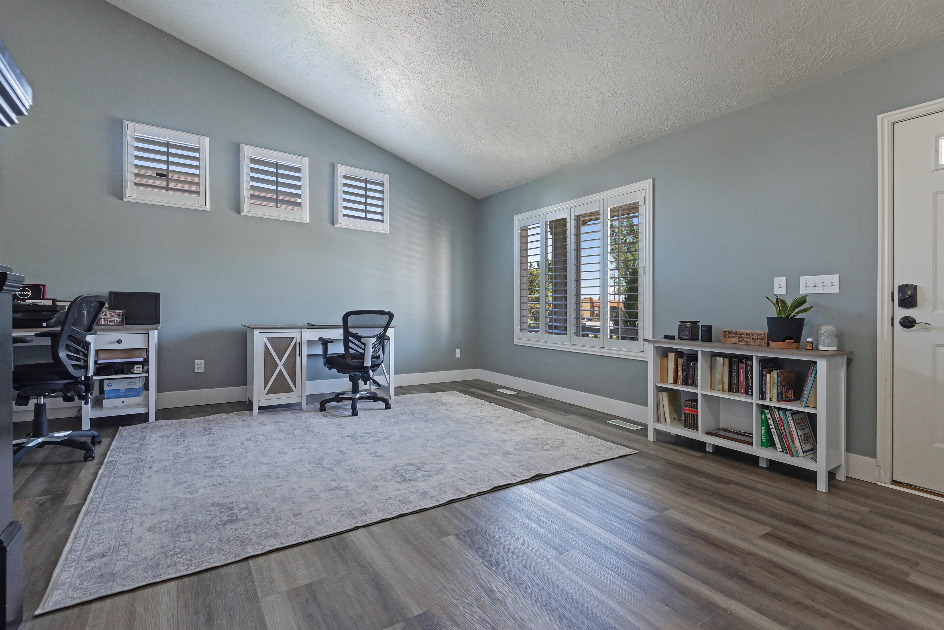 Spacious room featuring wood-finish flooring, light blue wall paint, and vaulted ceilings