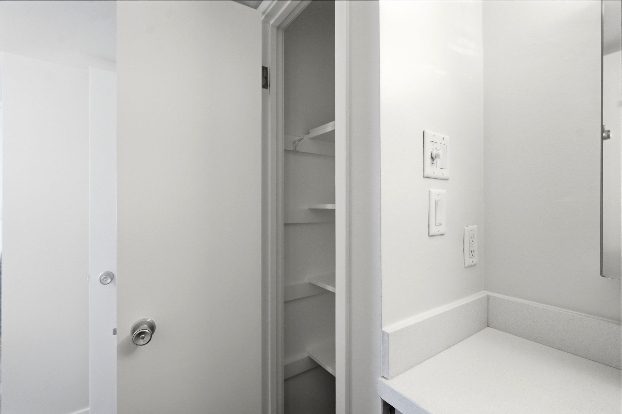Built-in shelving unit providing storage, complemented by a white countertop, wall-mounted light switches, and a modern door handle