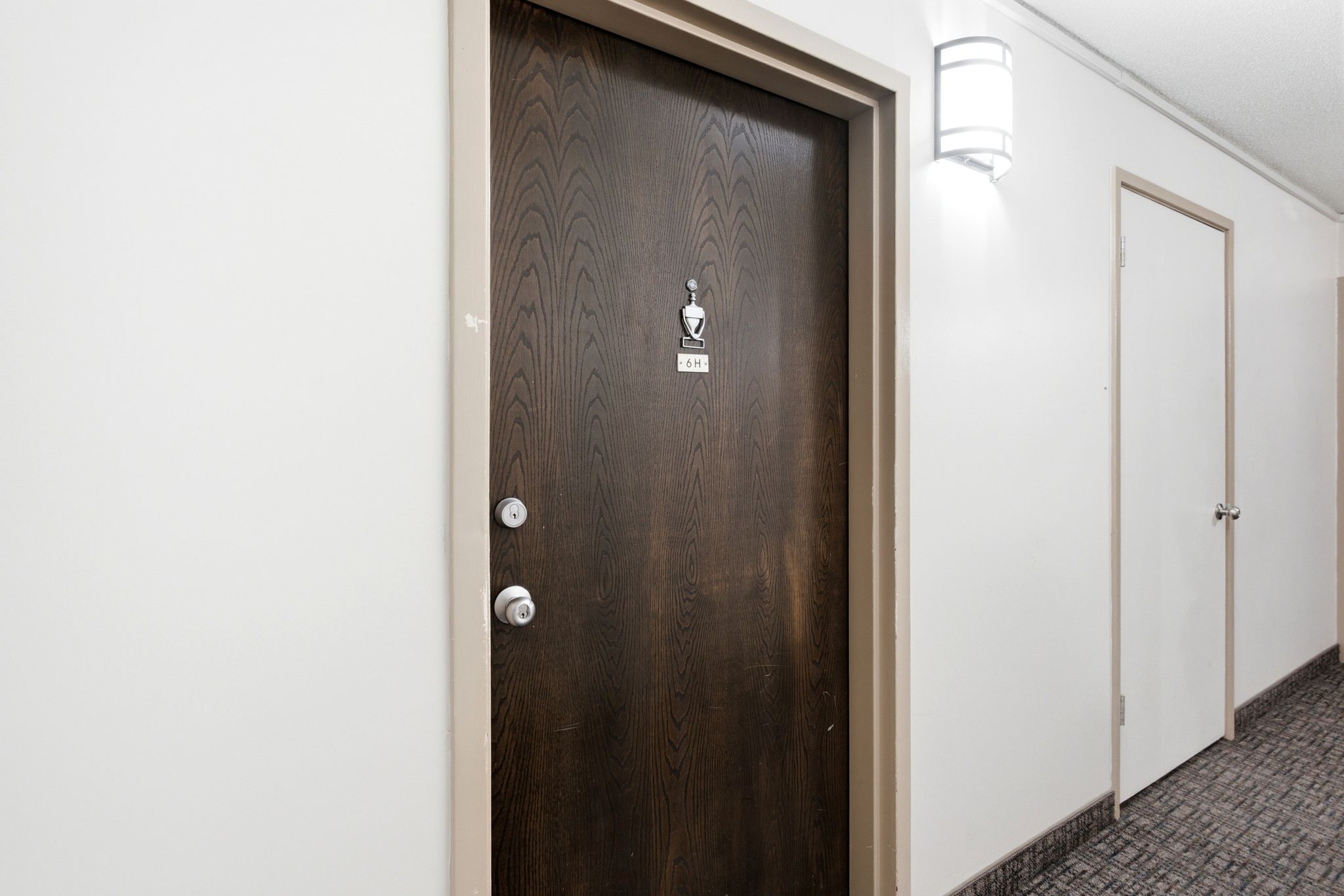 Dark wood-finish entry door with chrome hardware, featuring a modern wall-mounted sconce and light-colored trim