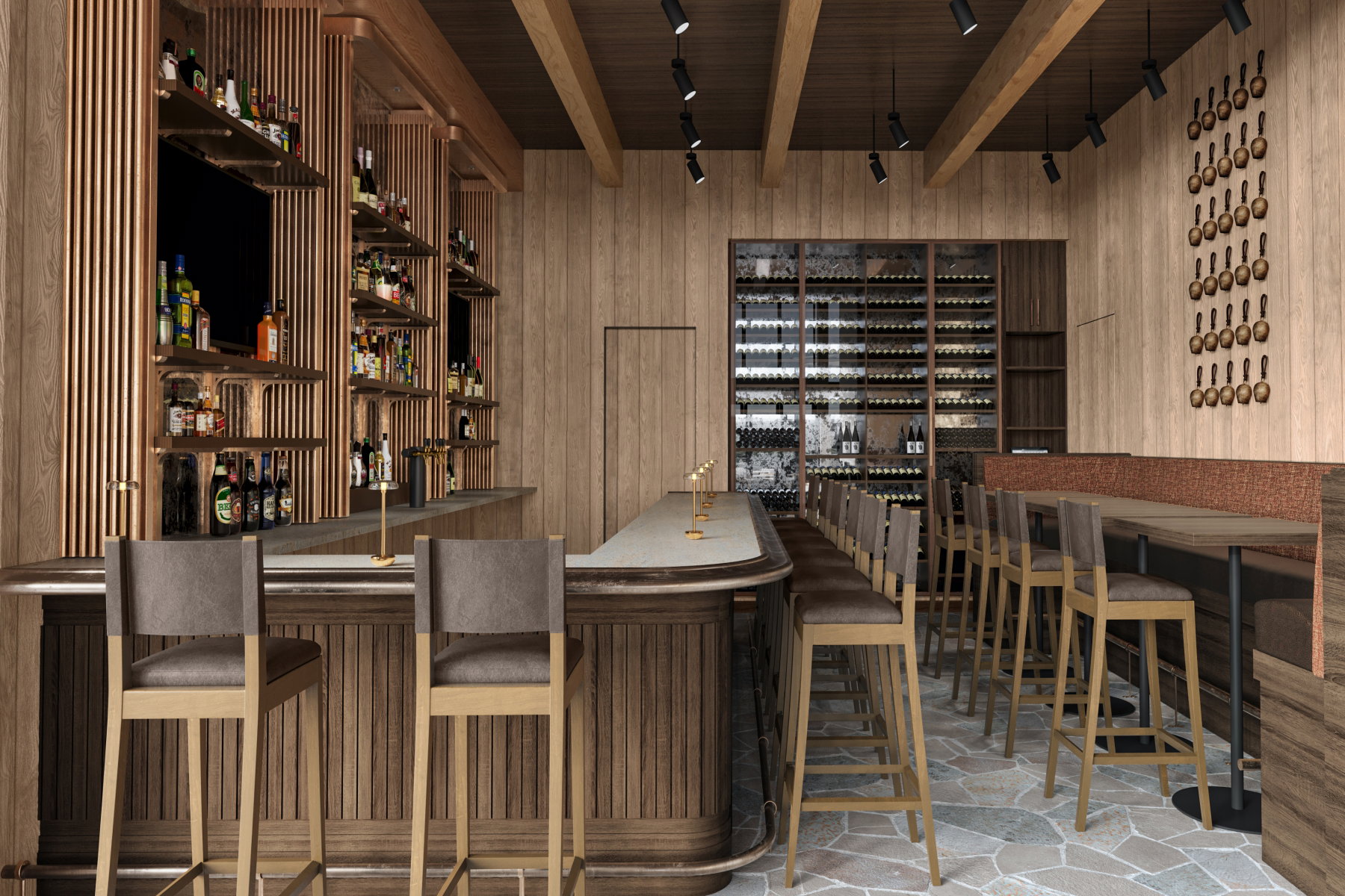 Custom bar area featuring wood-paneled walls, a large built-in wine cellar, exposed ceiling beams, and stone-finish flooring