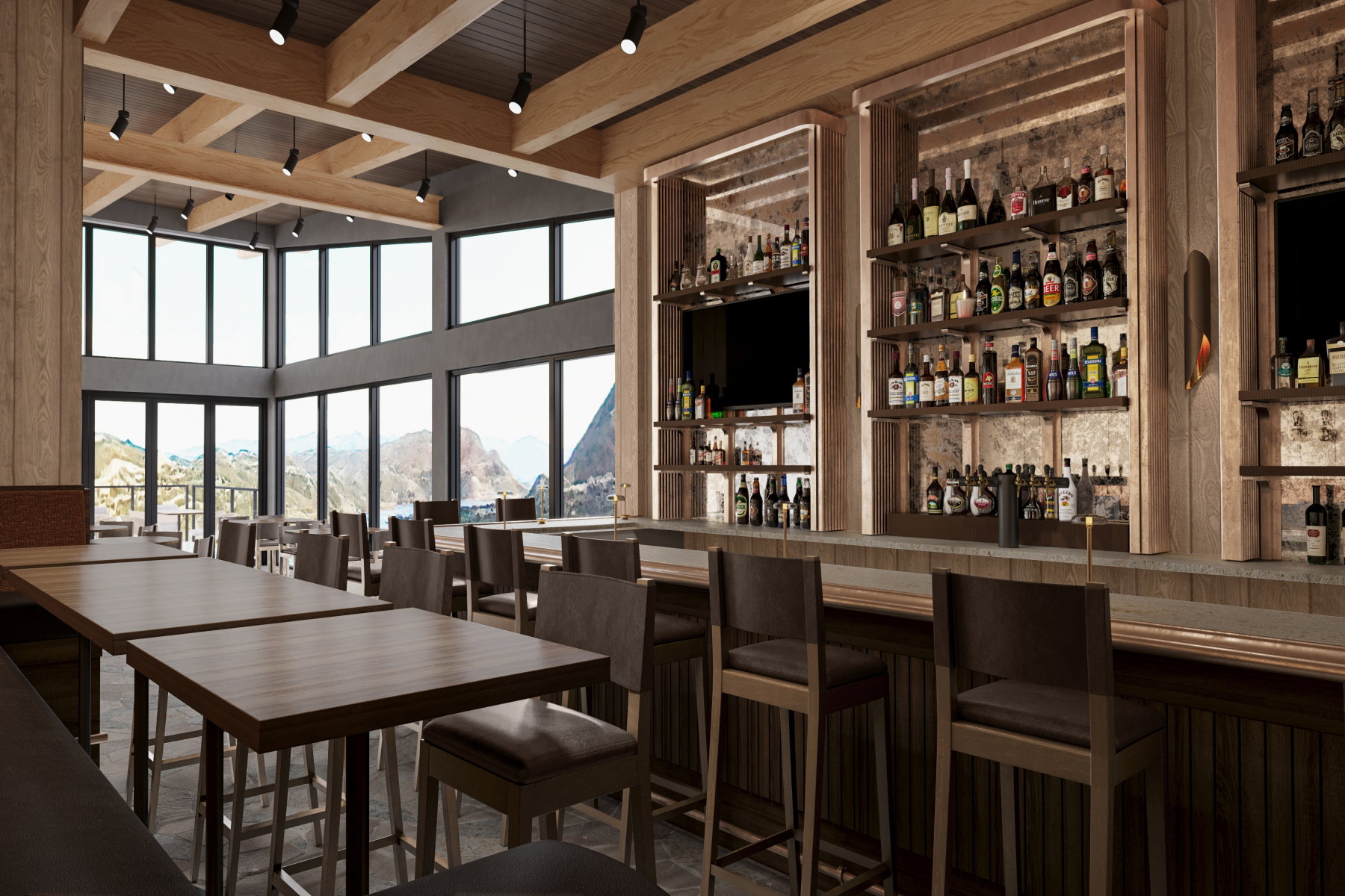 Spacious interior featuring a full-service bar with shelving, exposed wood beams, and large windows