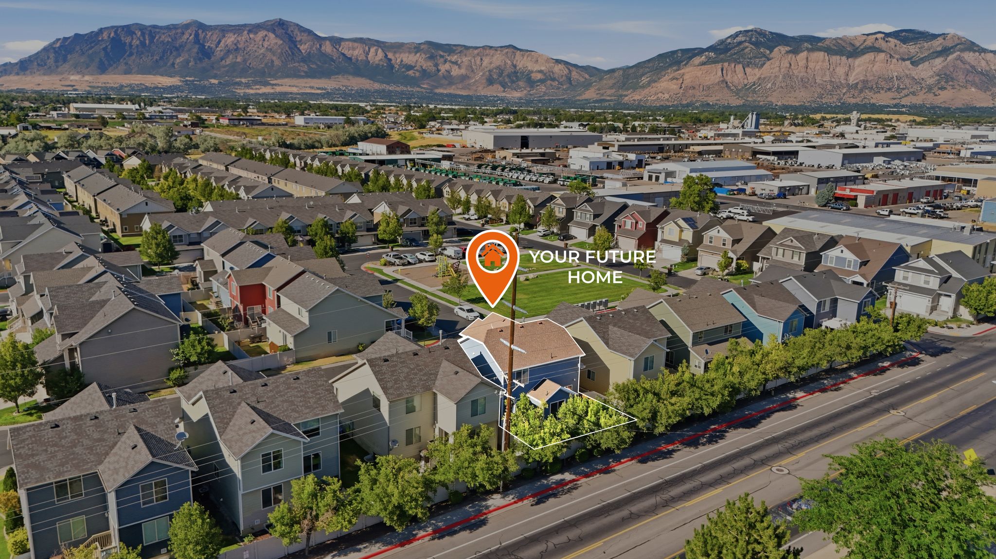 Aerial depiction of a residential neighborhood featuring rows of detached and attached homes
