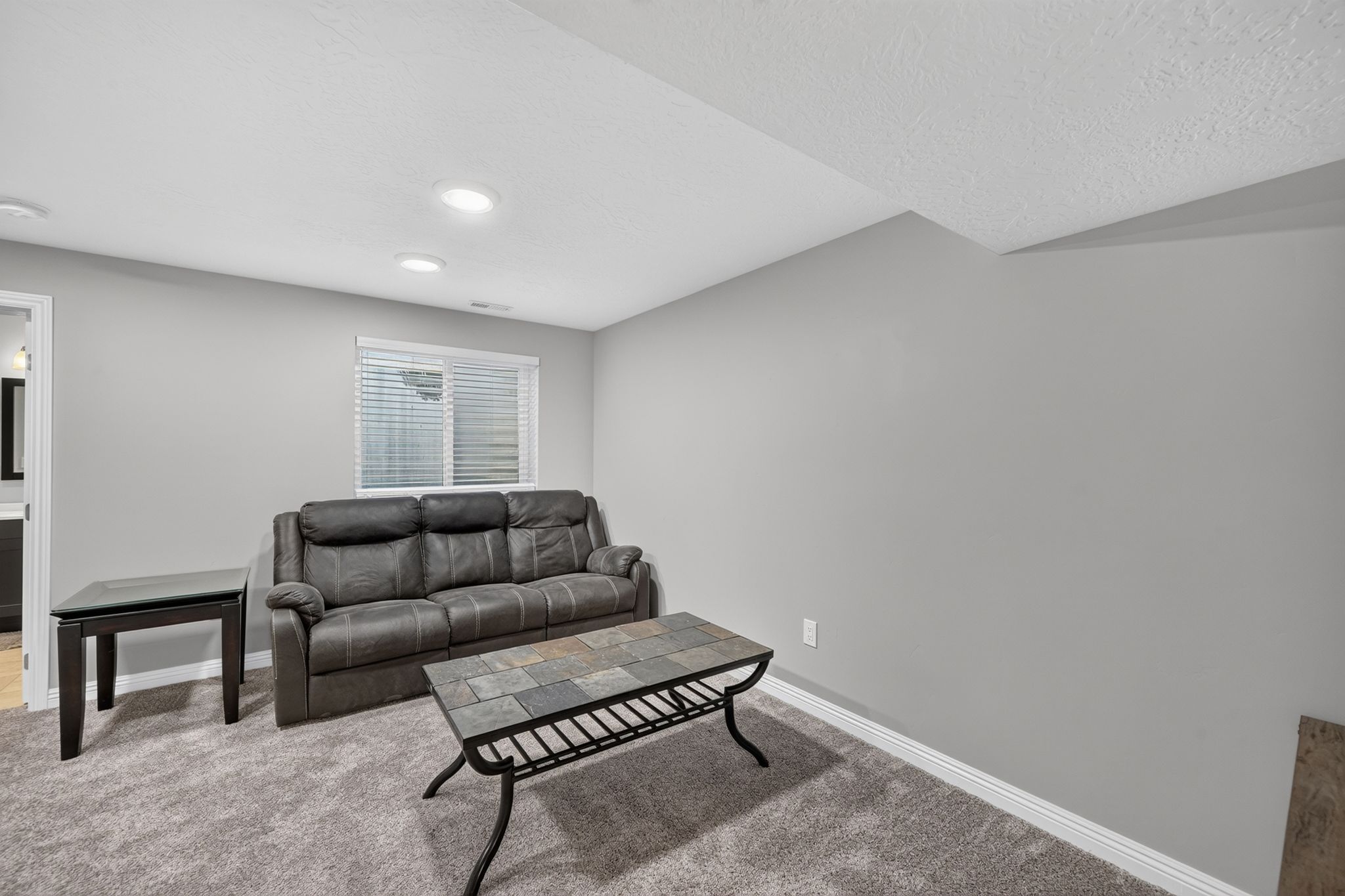 Carpeted room featuring light gray walls and recessed lighting