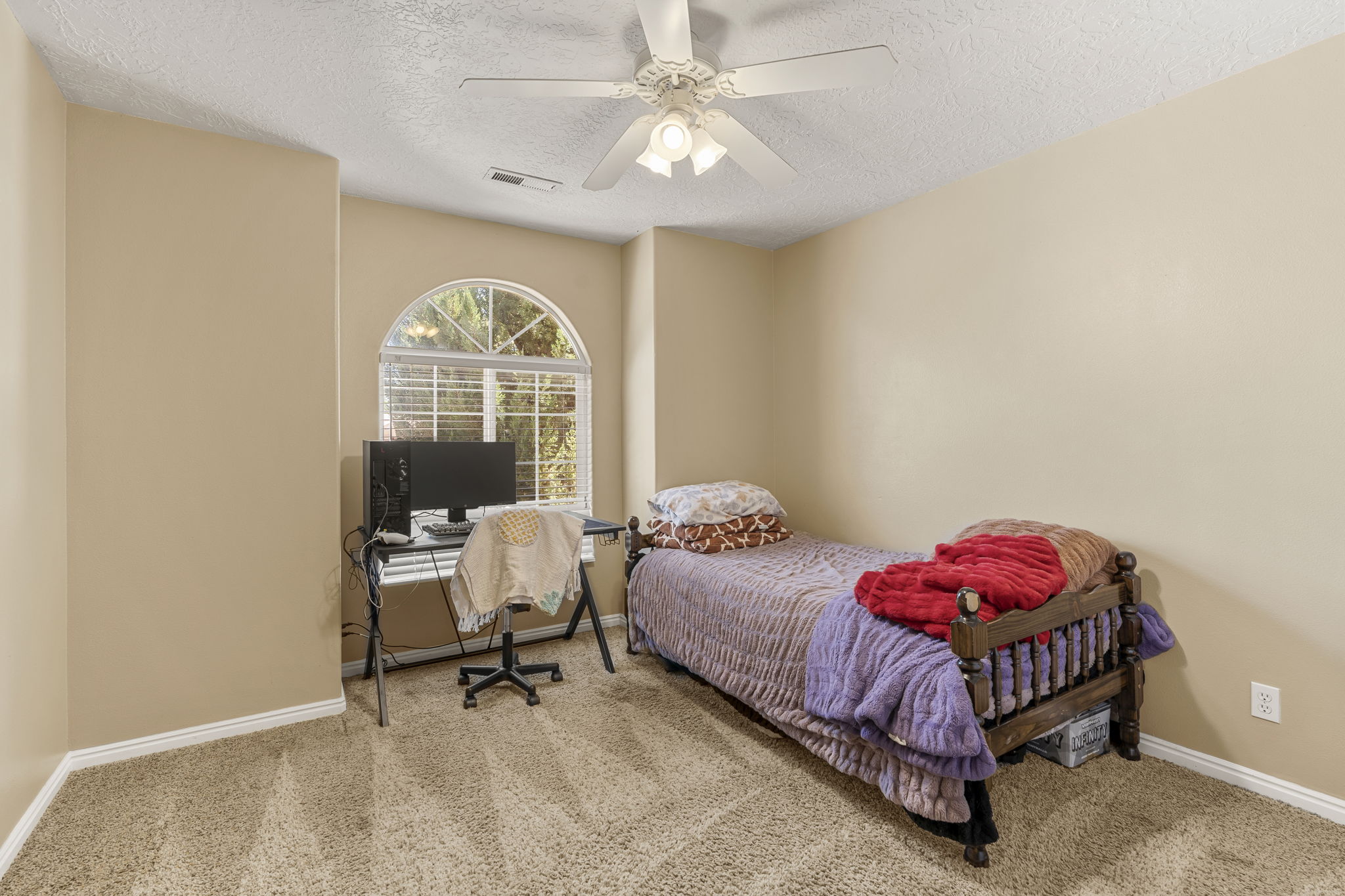 Recessed arched window with horizontal blinds, neutral-toned walls, and textured carpeting