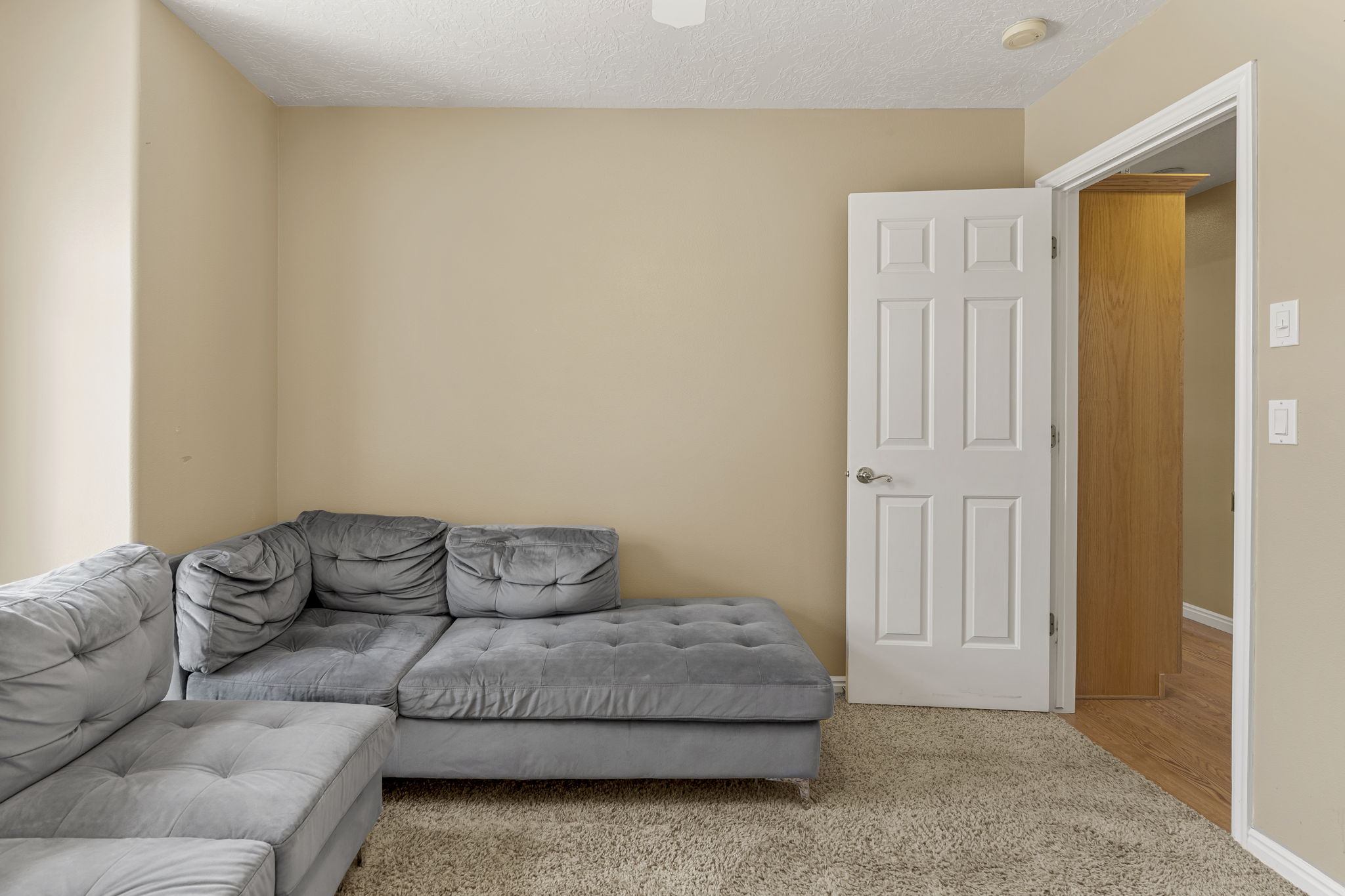 Carpeted room with neutral wall tones and a white interior door