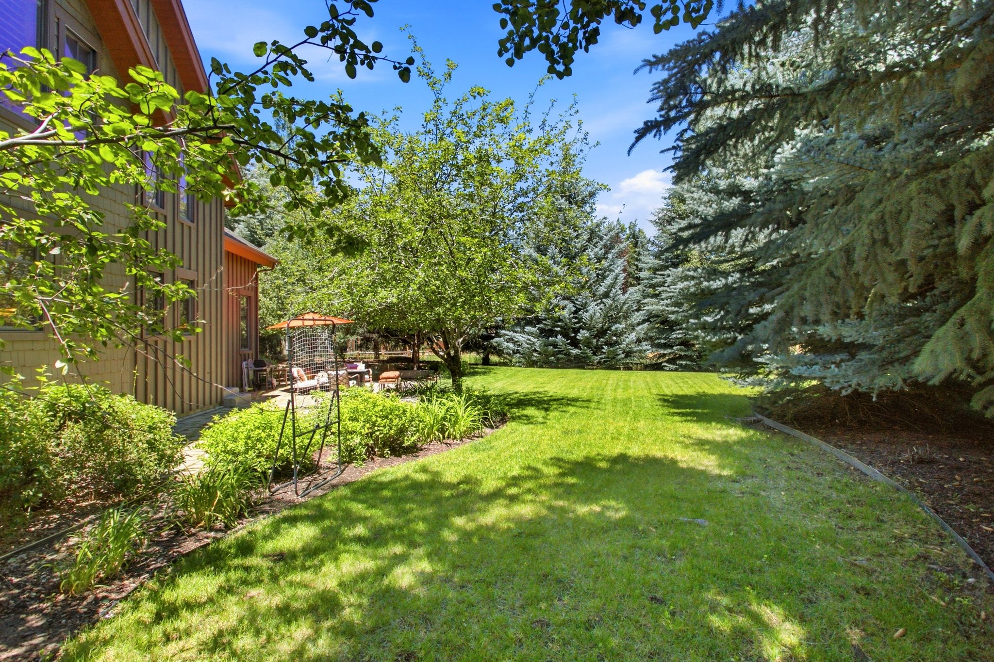 Expansive green lawn surrounded by mature trees, offering a private outdoor environment