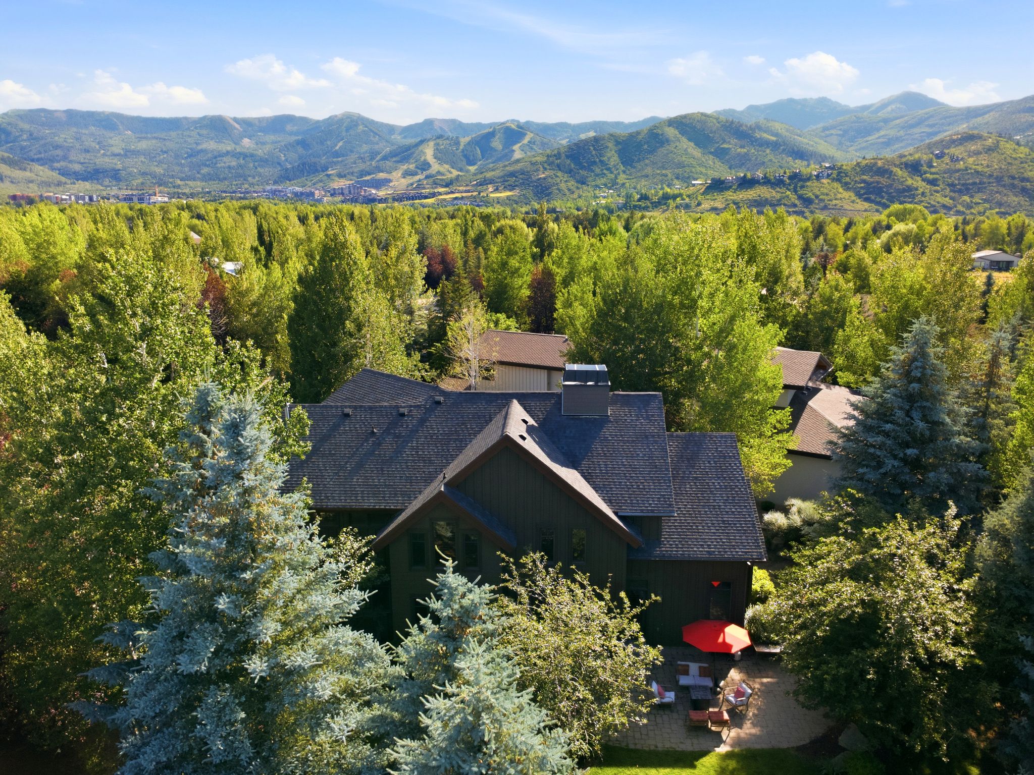 Dark-hued home featuring a gabled roof and chimney