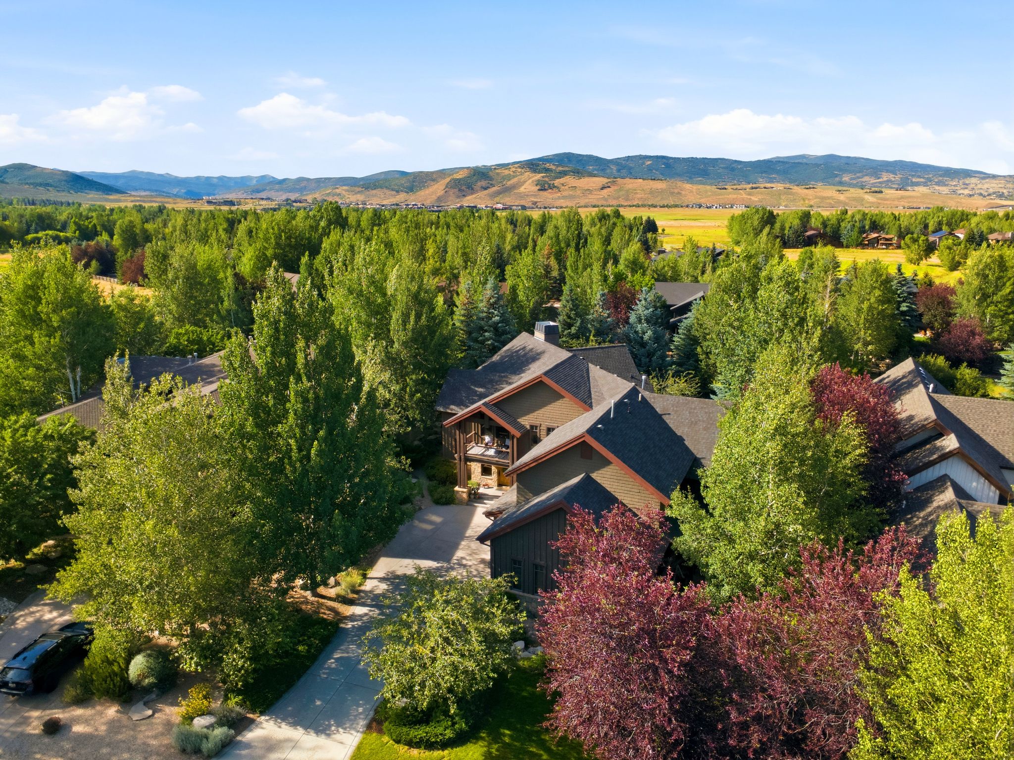 Expansive property with a multi-gabled roofline and natural wood siding