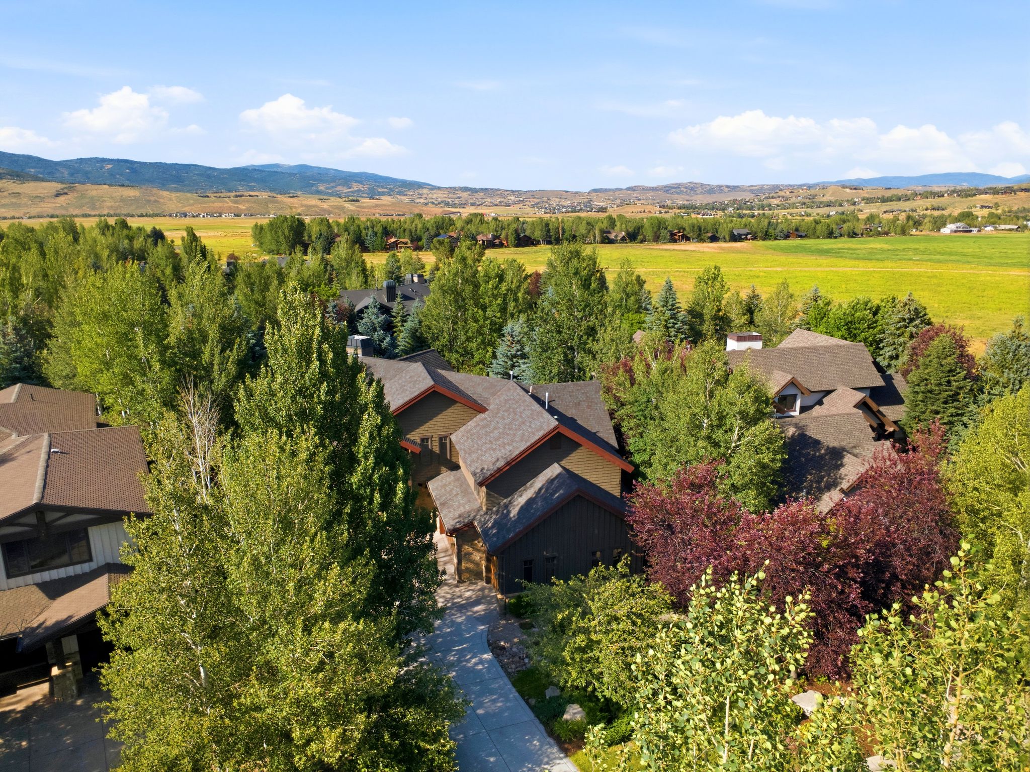 Aerial perspective showcasing a multi-story residence with dark-toned siding and multiple gabled rooflines, surrounded by mature trees
