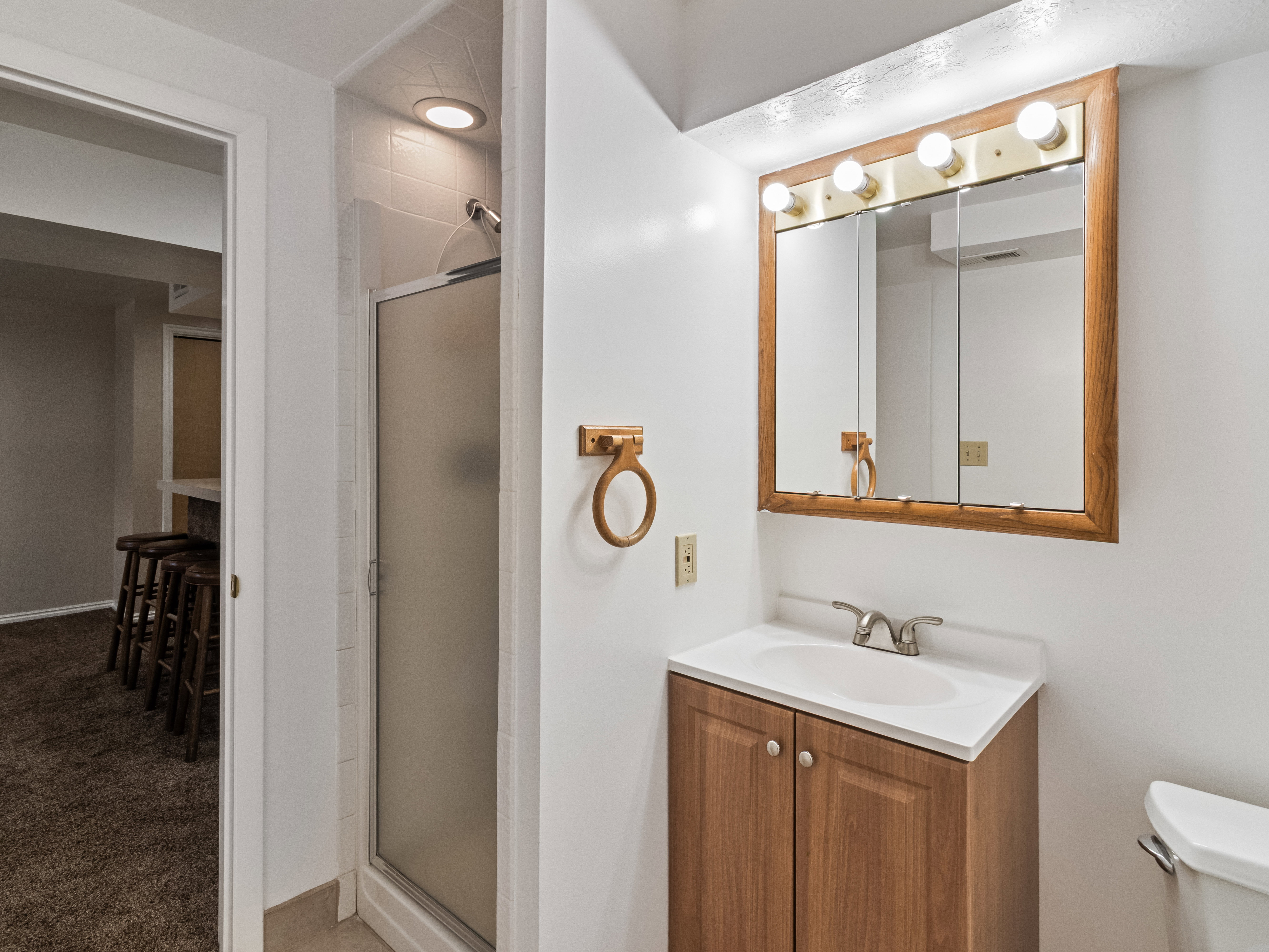 Bathroom featuring a glass-enclosed shower, wood-finish vanity with an integrated sink, wall-mounted mirror with overhead lighting, and a white toilet
