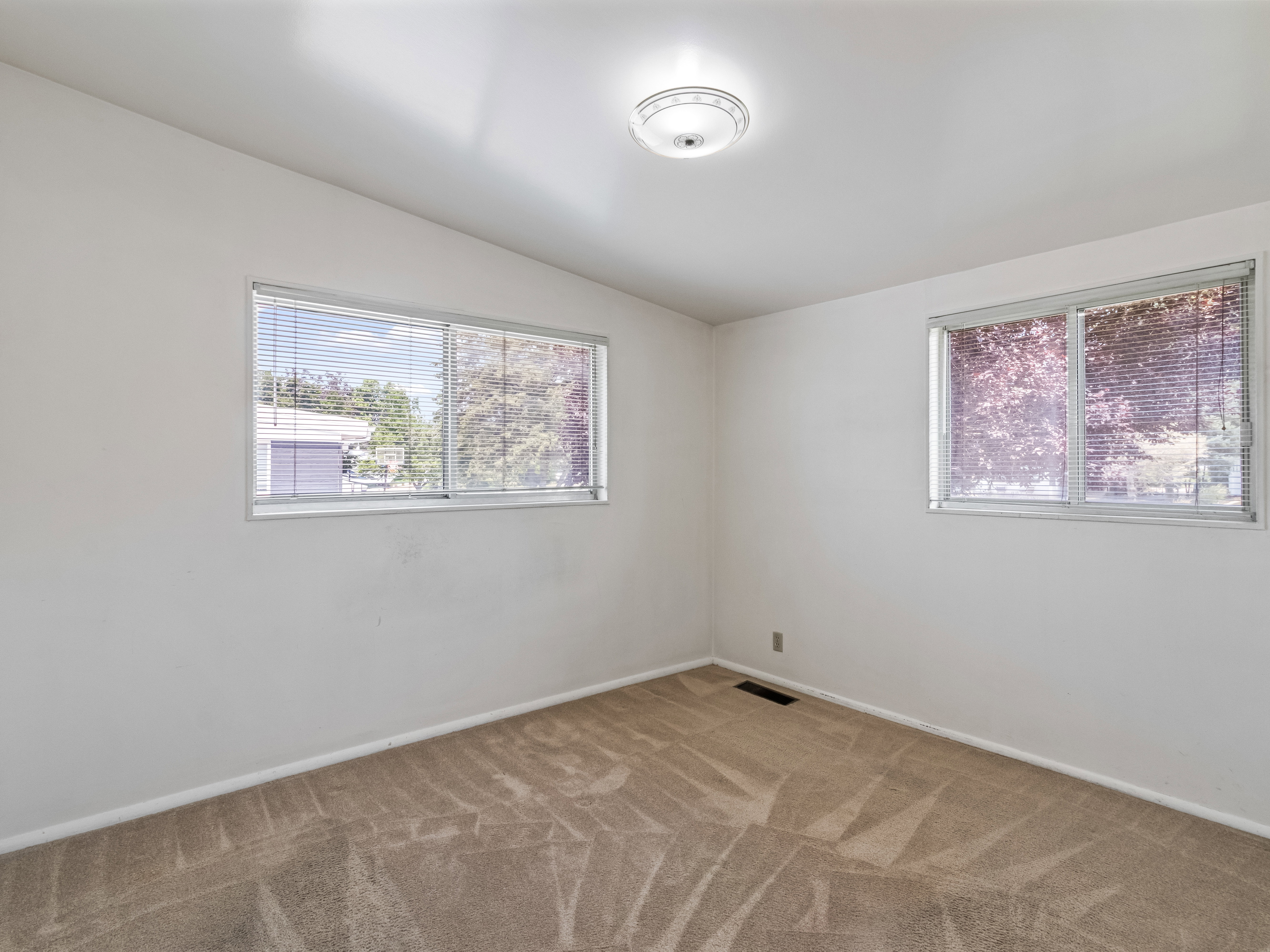 Neutral-toned carpeting paired with white walls, featuring two windows with horizontal blinds