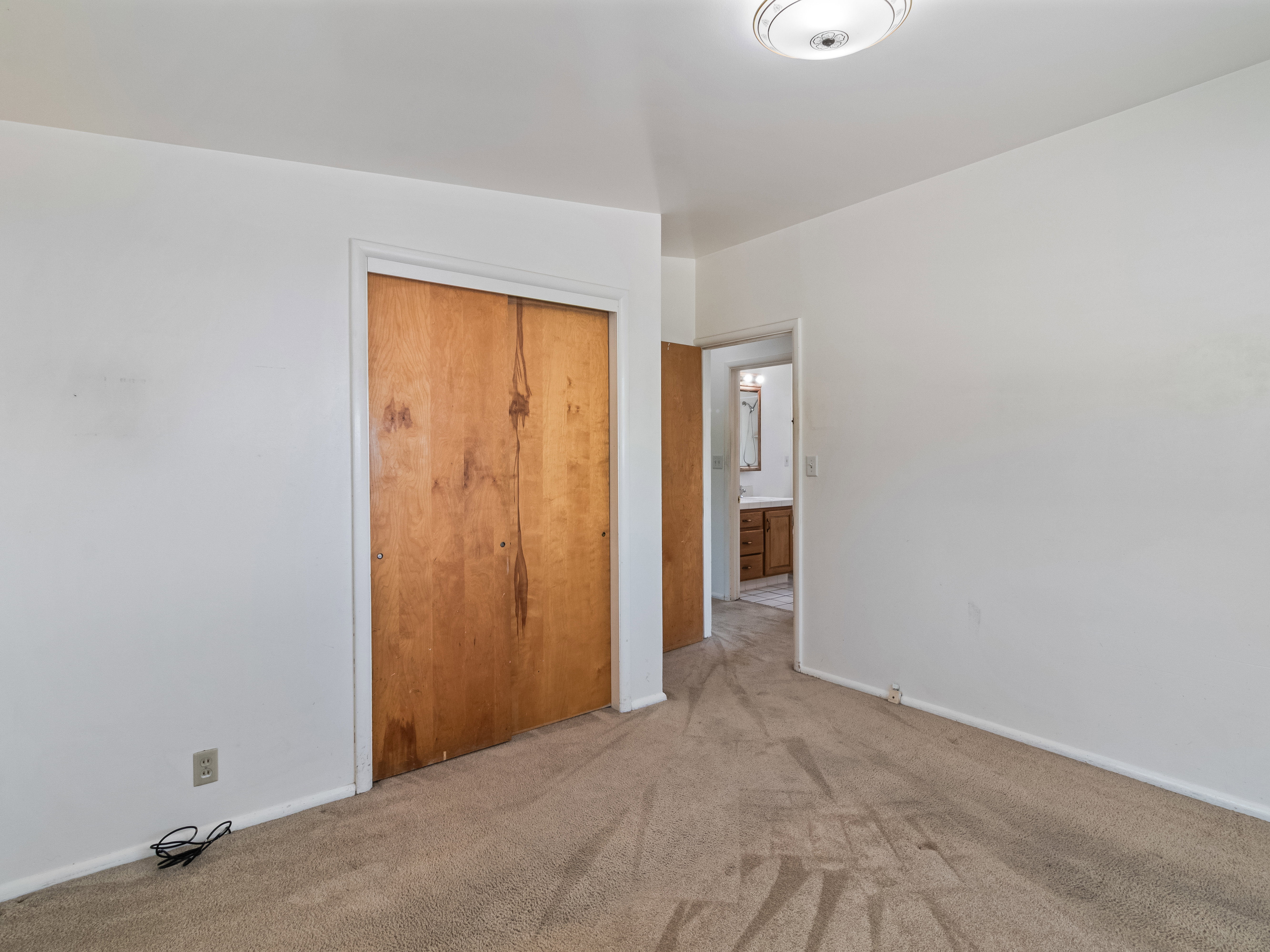 Beige carpeting, white walls, and a ceiling-mounted light fixture