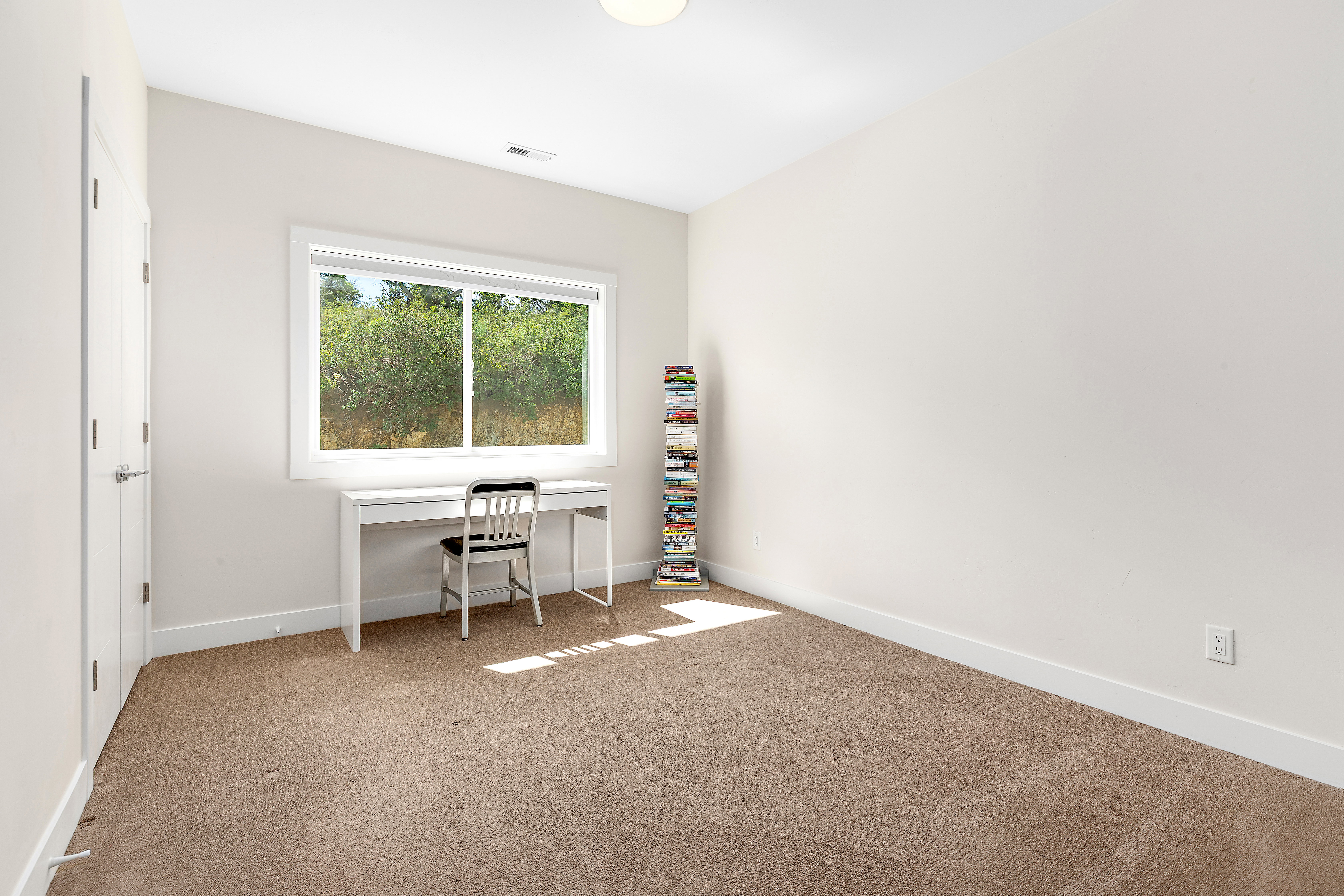 Neutral tone wall paint, light brown carpeting, and a large window with white trim