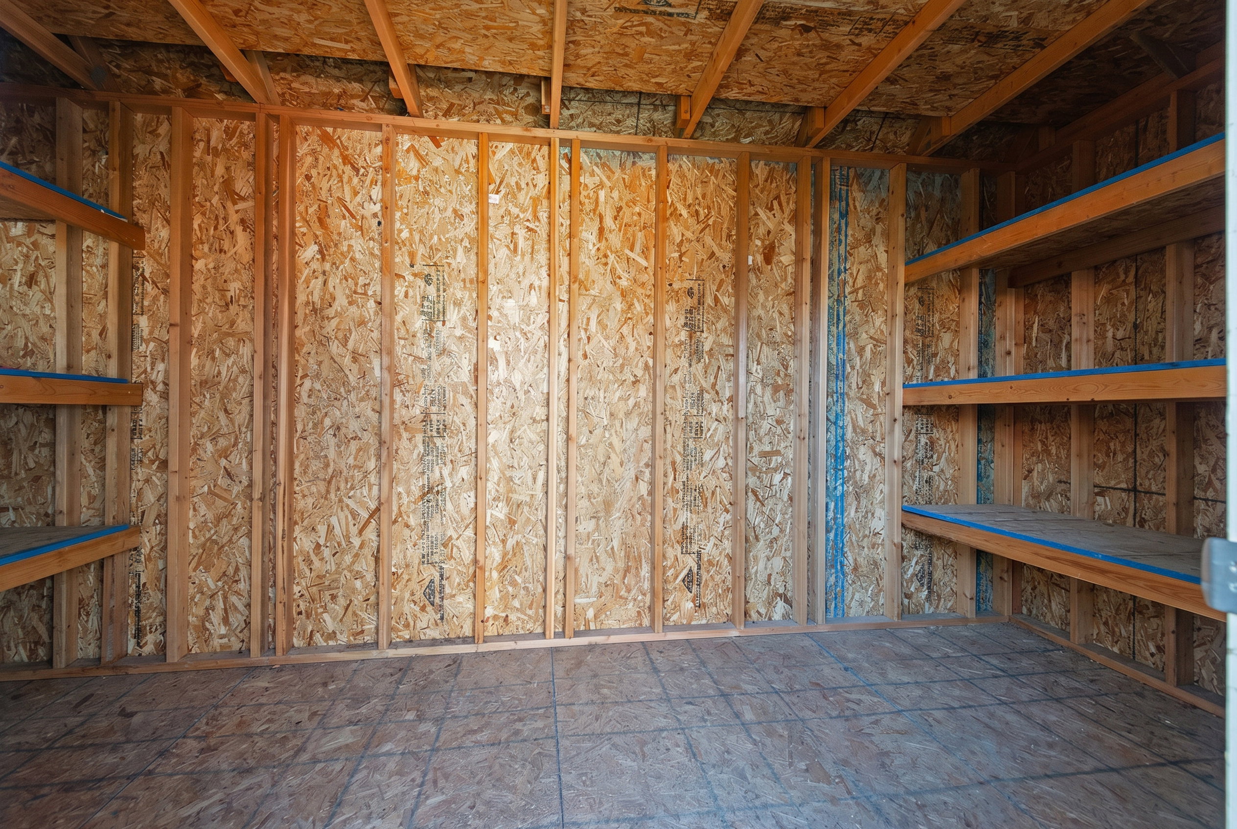 Interior storage shed featuring exposed wood framing and particle board walls