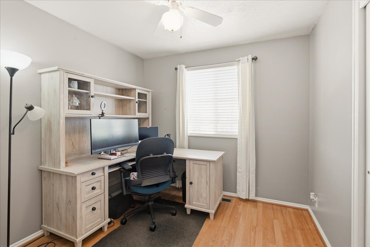 Light-filled room featuring wood-finish flooring, a ceiling fan, and painted walls