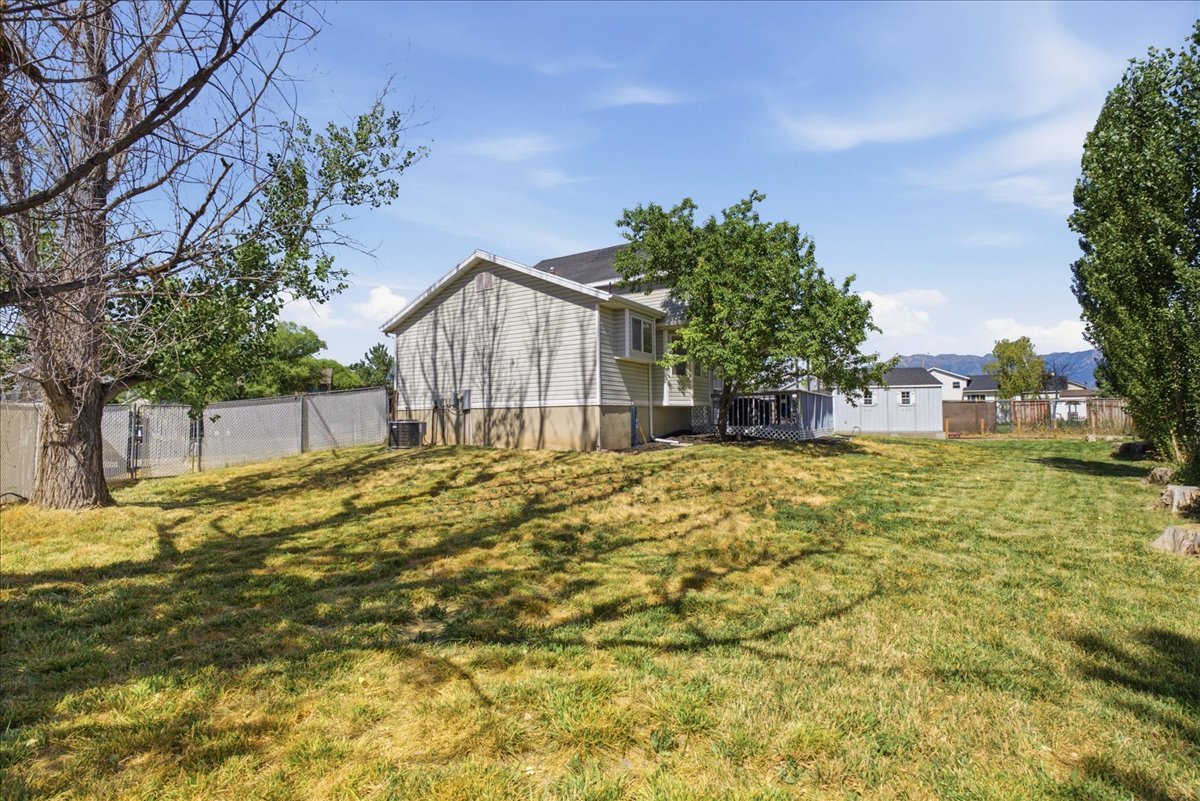 Expansive backyard featuring a partial chain-link fence and mature trees