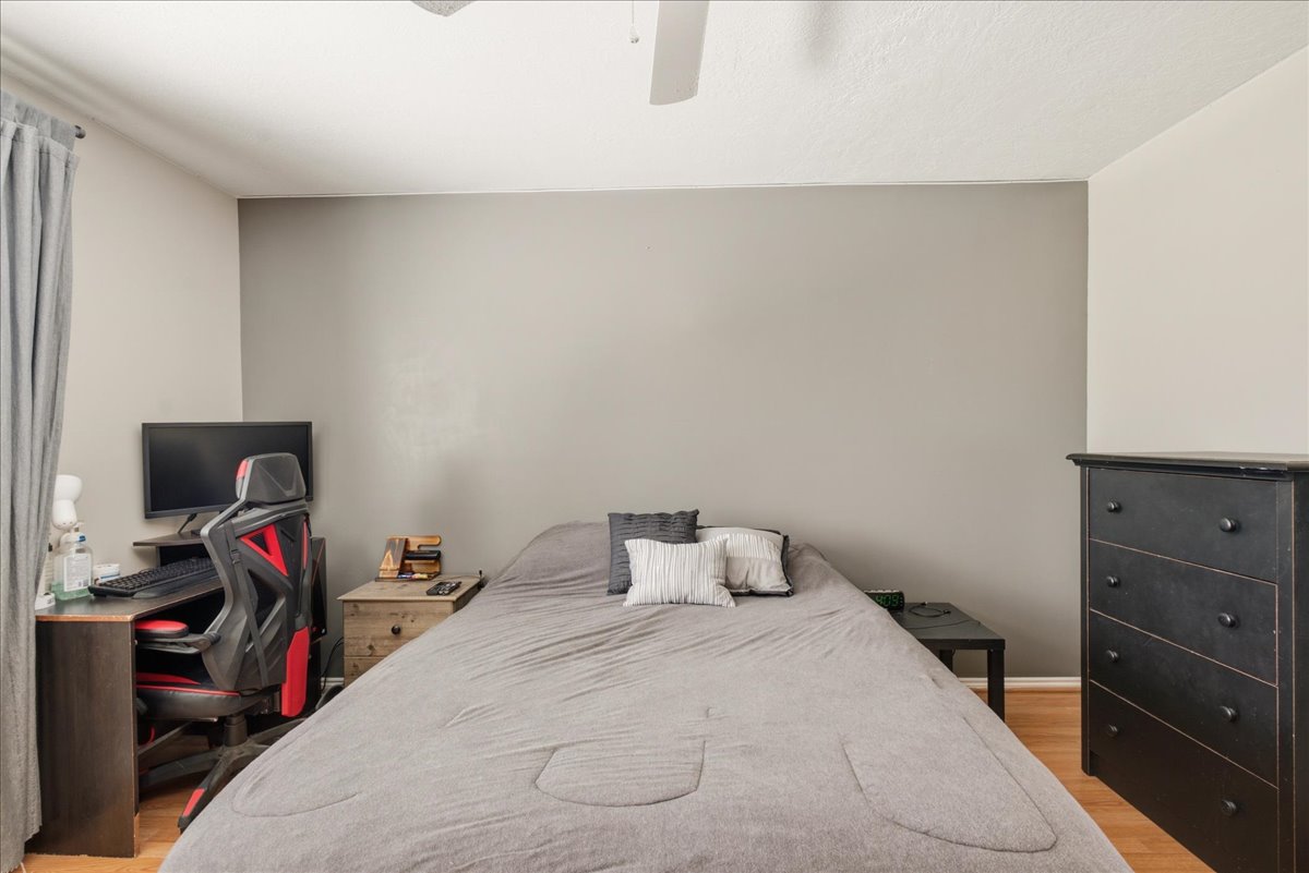 Bedroom featuring light wood-finish flooring, a ceiling fan, and window treatments