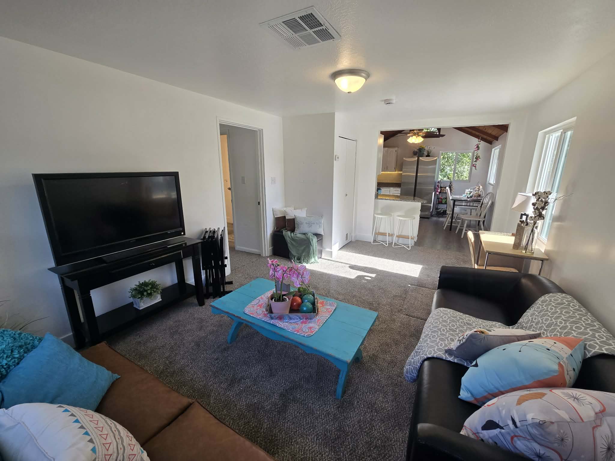 Carpeted living area with white painted walls
