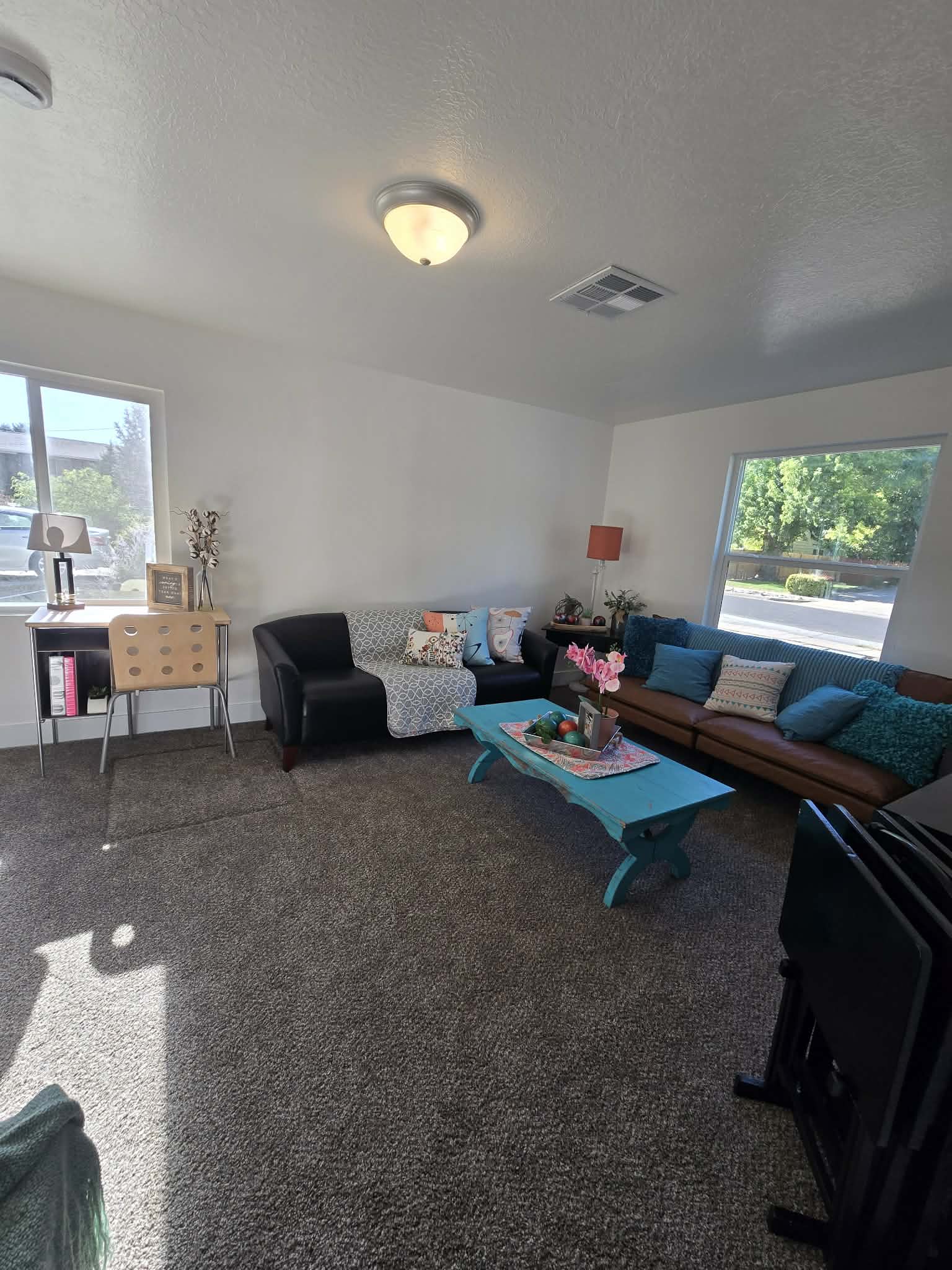 Living space featuring textured carpet flooring, white walls, and two large windows