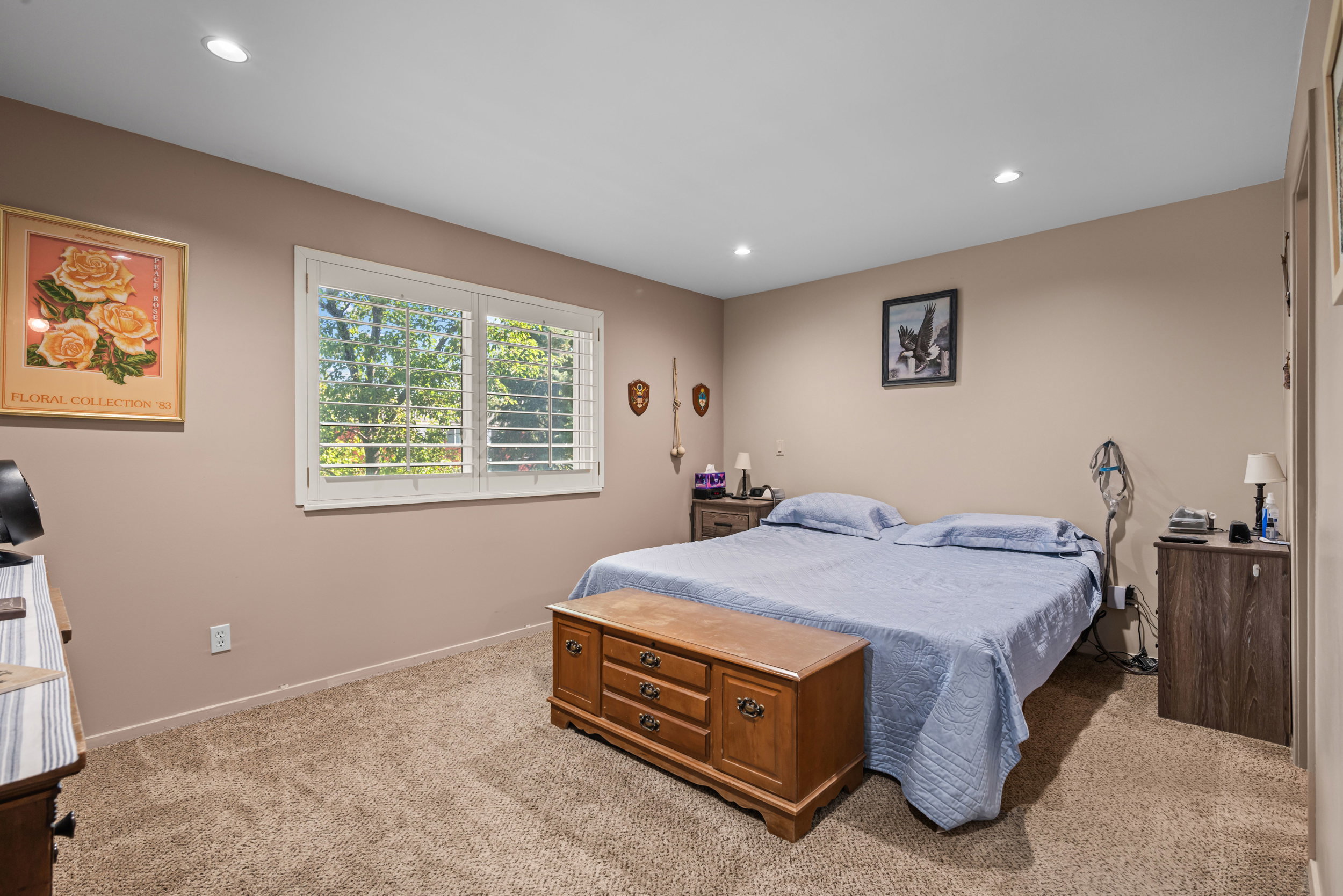 Carpeted room featuring a double window with white plantation shutters, recessed lighting, and neutral-toned walls