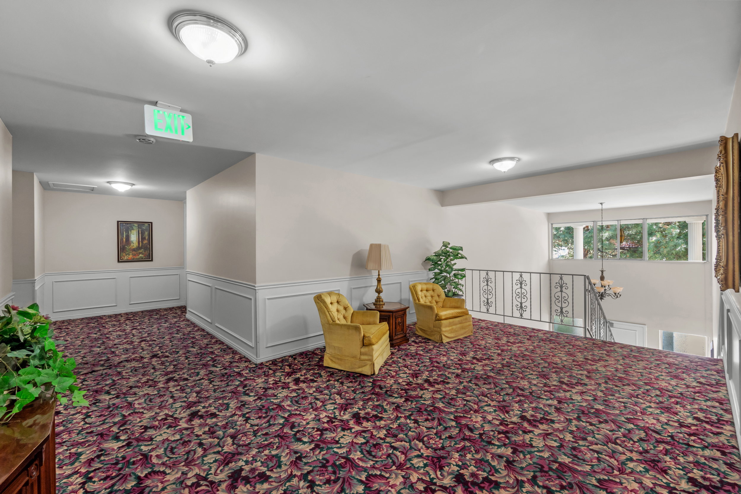 Carpeted hallway featuring wall paneling and overhead lighting