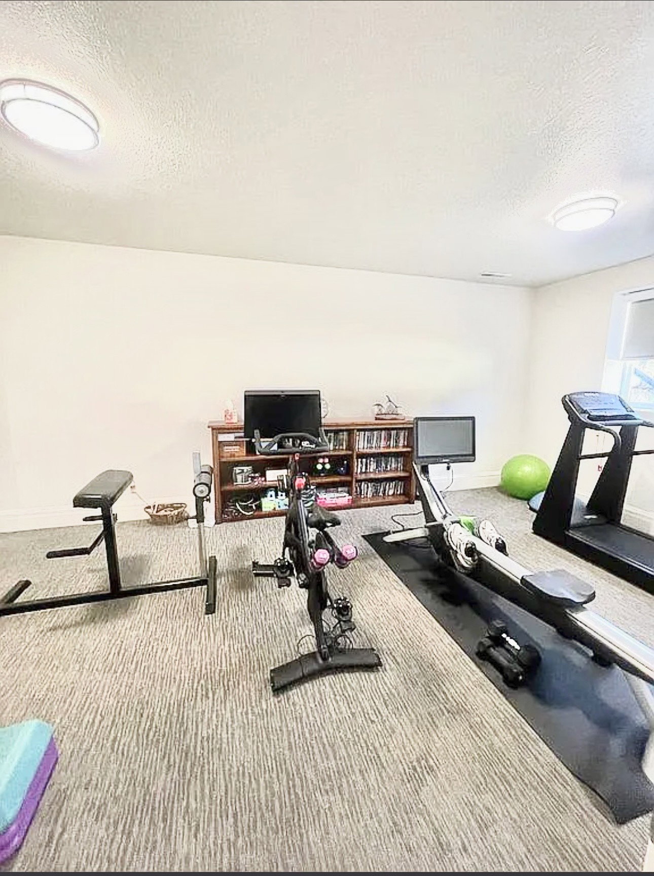 Spacious room with light-toned walls and textured carpeting, featuring two flush-mount ceiling lights