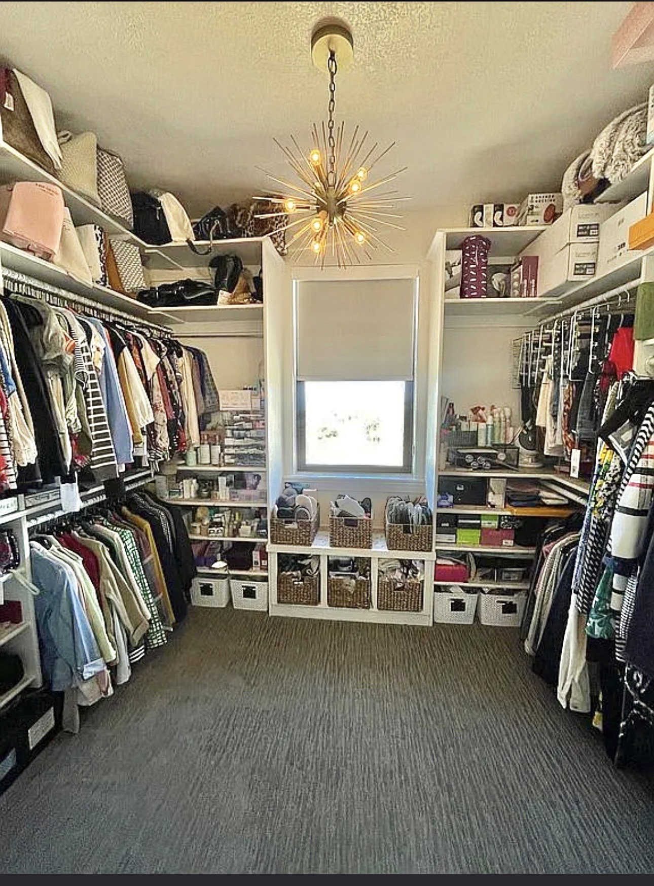 Walk-in closet featuring extensive built-in shelving, hanging rods, an integrated window, a Sputnik-style chandelier, and textured carpet flooring