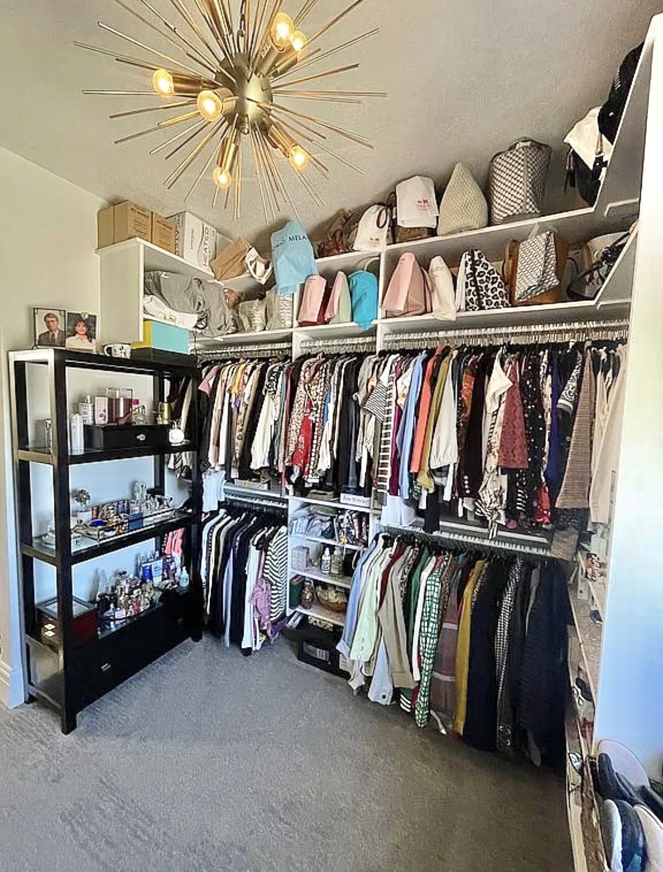 Custom closet system featuring extensive shelving and hanging rods, built-in black display unit, and carpet flooring, all illuminated by a contemporary sputnik chandelier