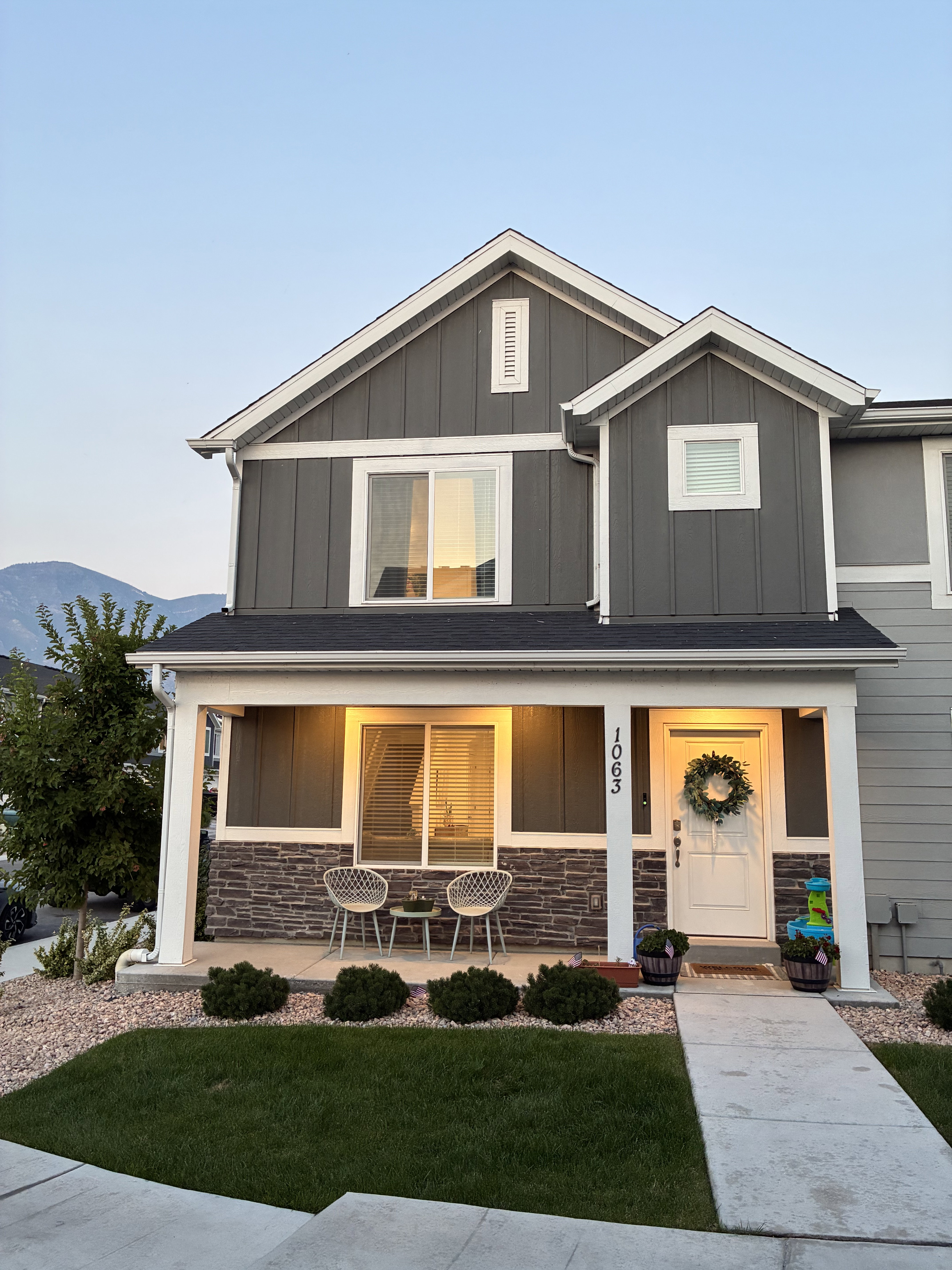 Contemporary facade featuring dark gray vertical siding and white trim