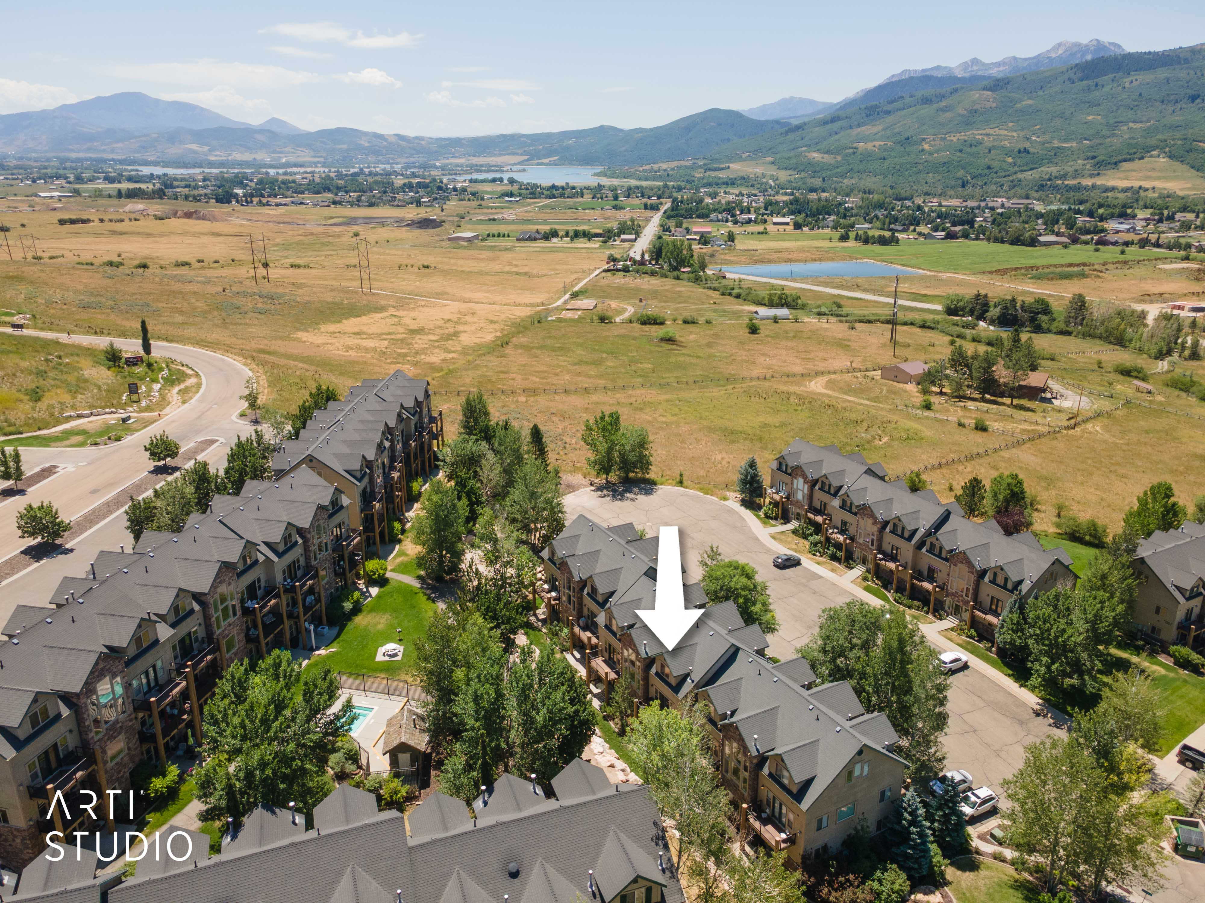 Aerial view of building 11 and surrounding mountains