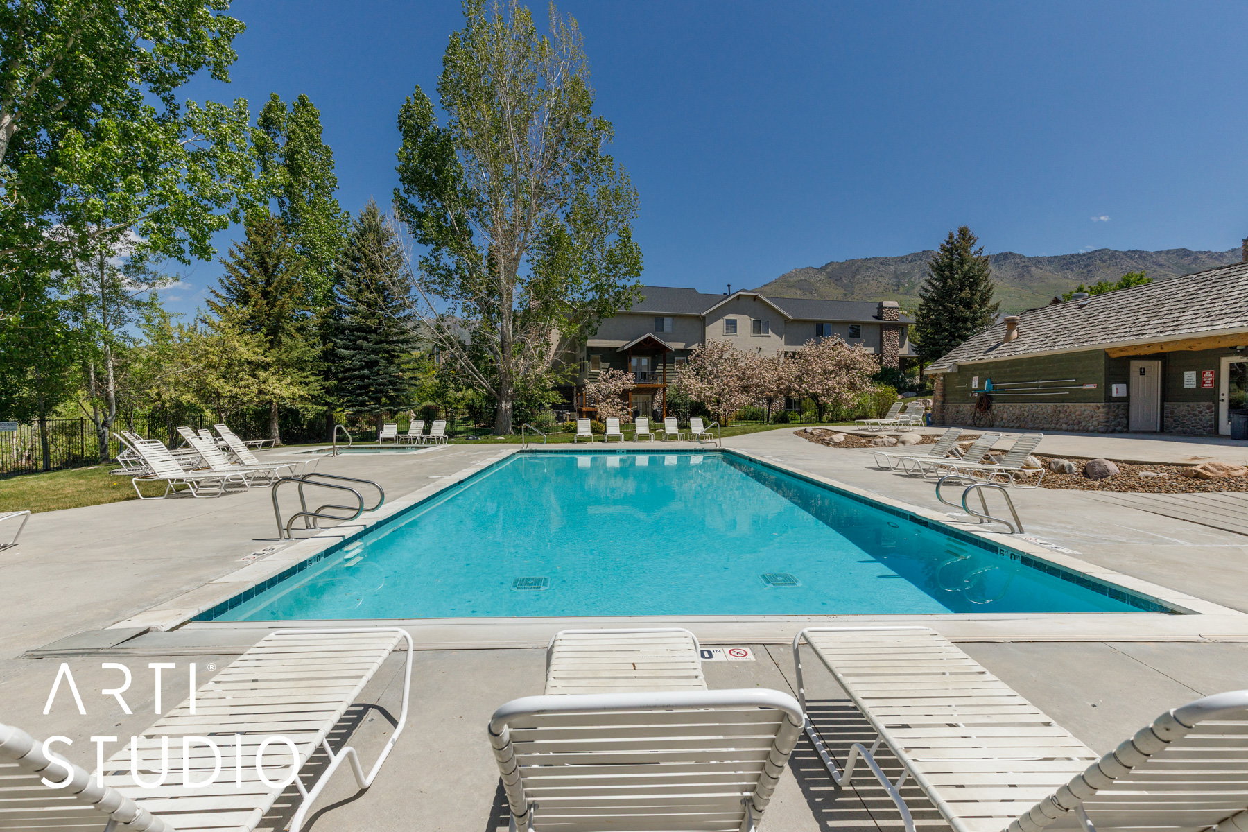 Community  swimming pool with a deck, flanked by mature trees and residential structures