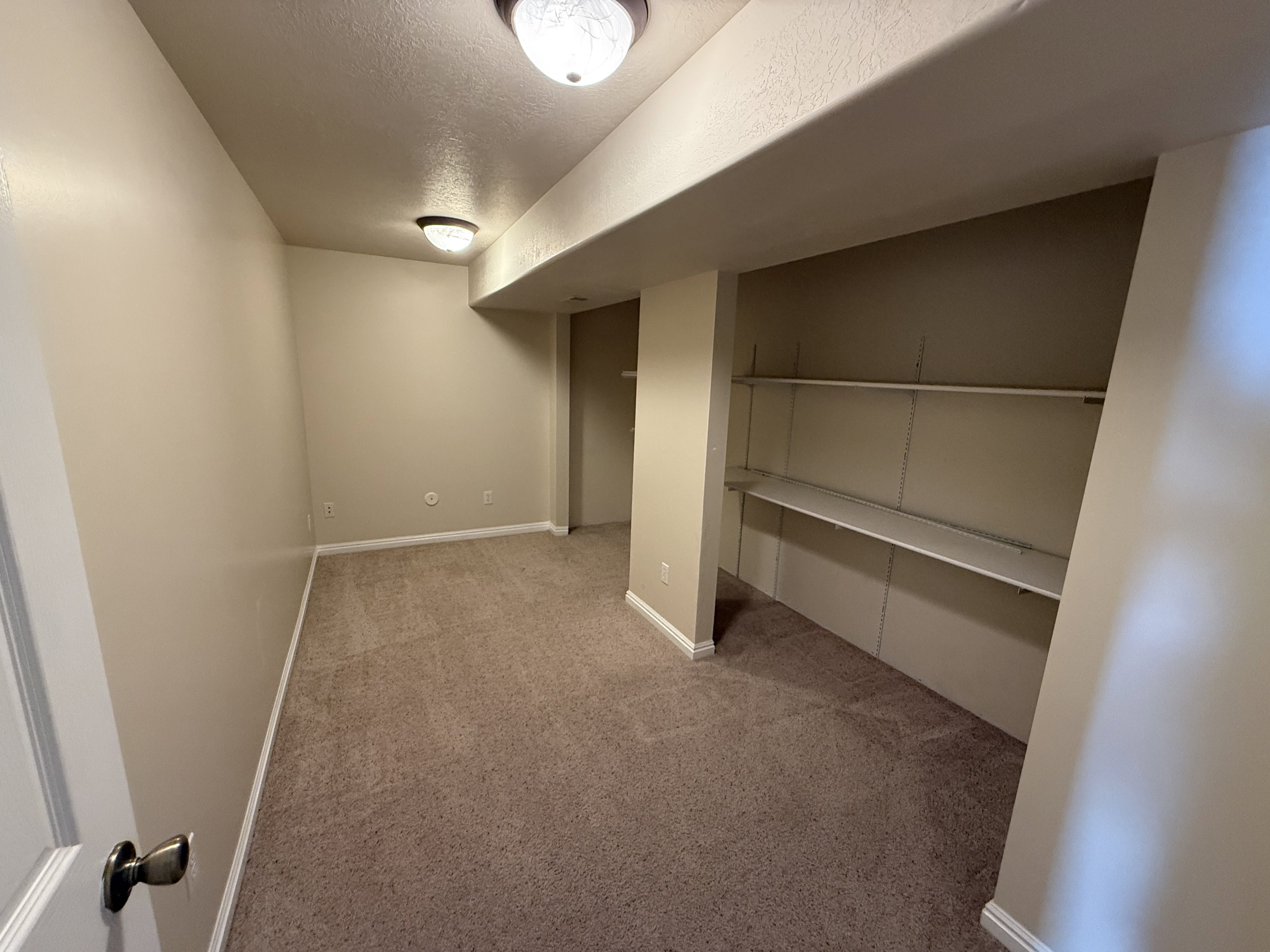 Carpeted room with recessed shelving, neutral wall paint, and two ceiling-mounted light fixtures