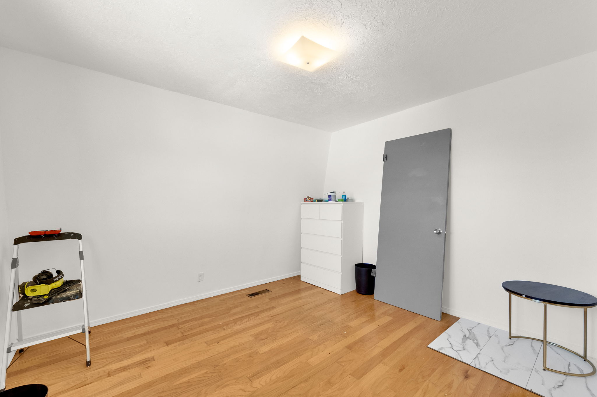 Room featuring light wood-finish flooring, white walls, and a ceiling-mounted light fixture
