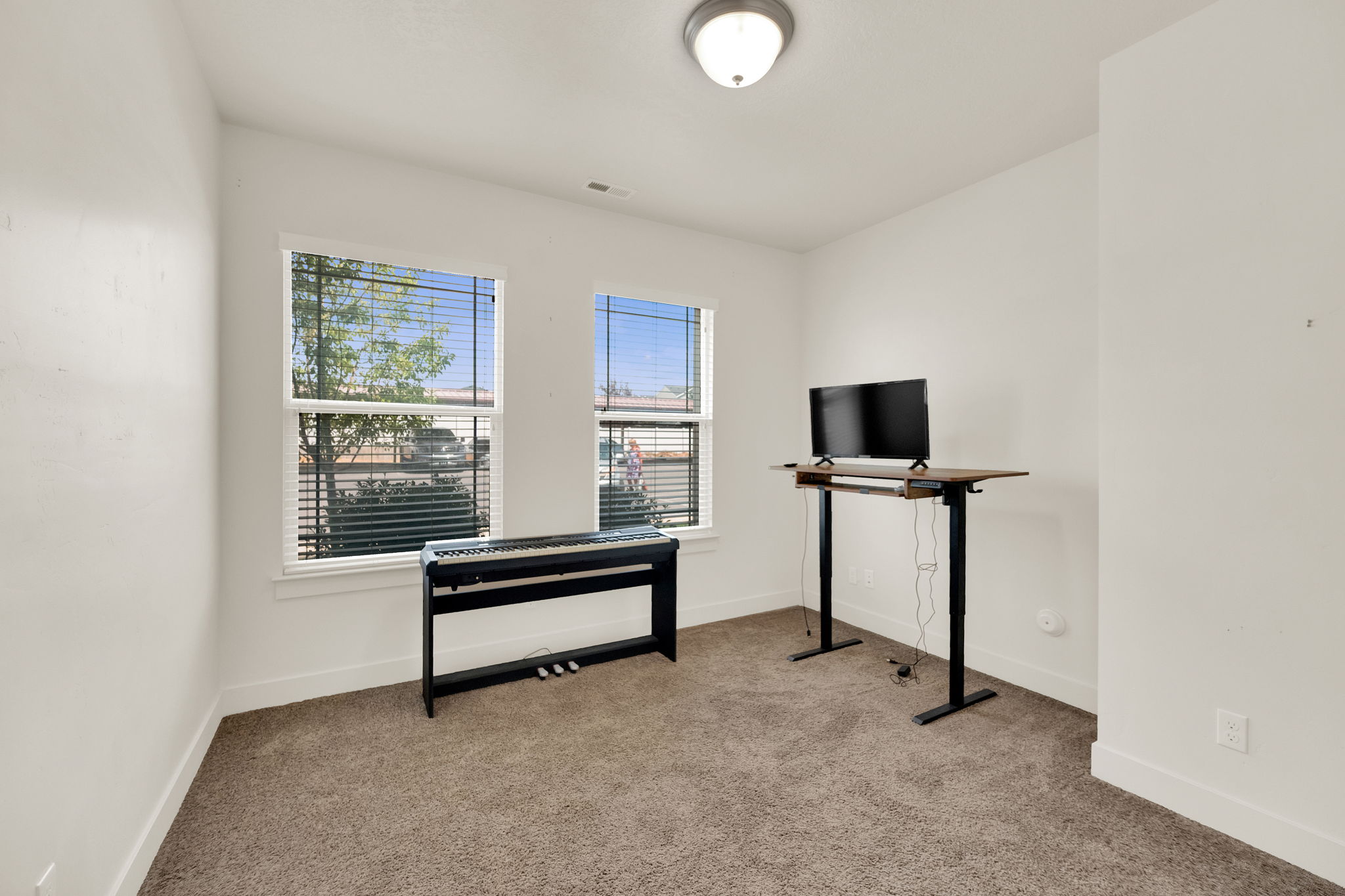 Bright interior room featuring two windows with horizontal blinds, neutral carpeting, white baseboards, and a flush-mount ceiling light
