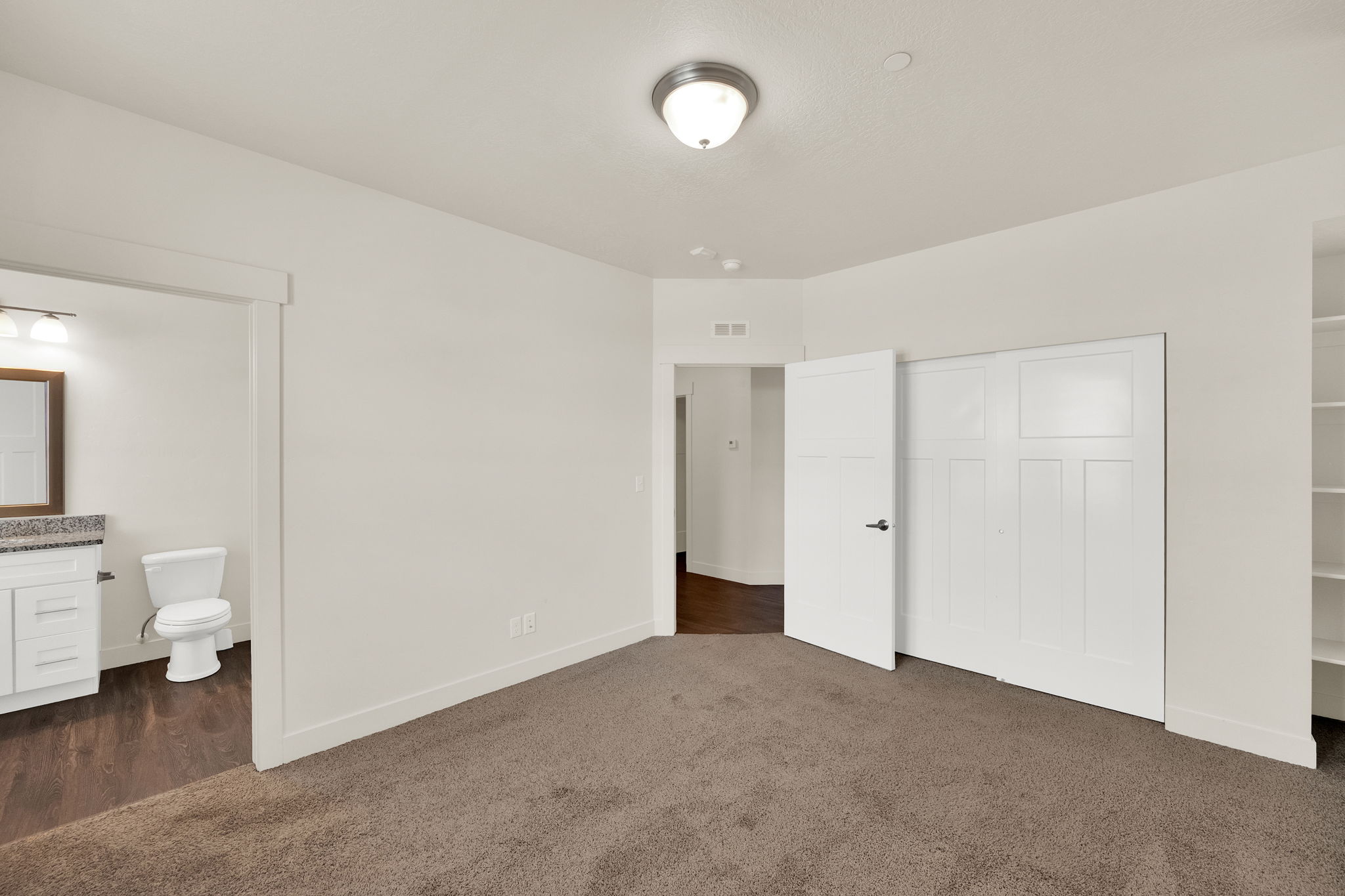 Spacious room featuring neutral carpeting, white trim, and a contemporary ceiling light fixture
