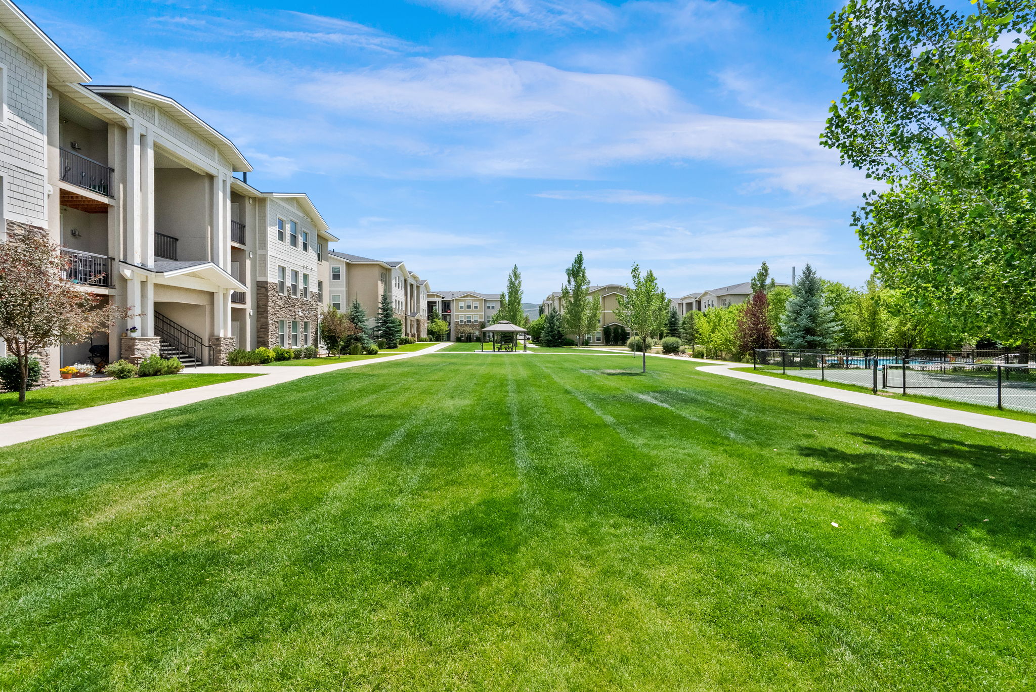 Expansive green space featuring a central lawn area, mature trees, and a paved walking path