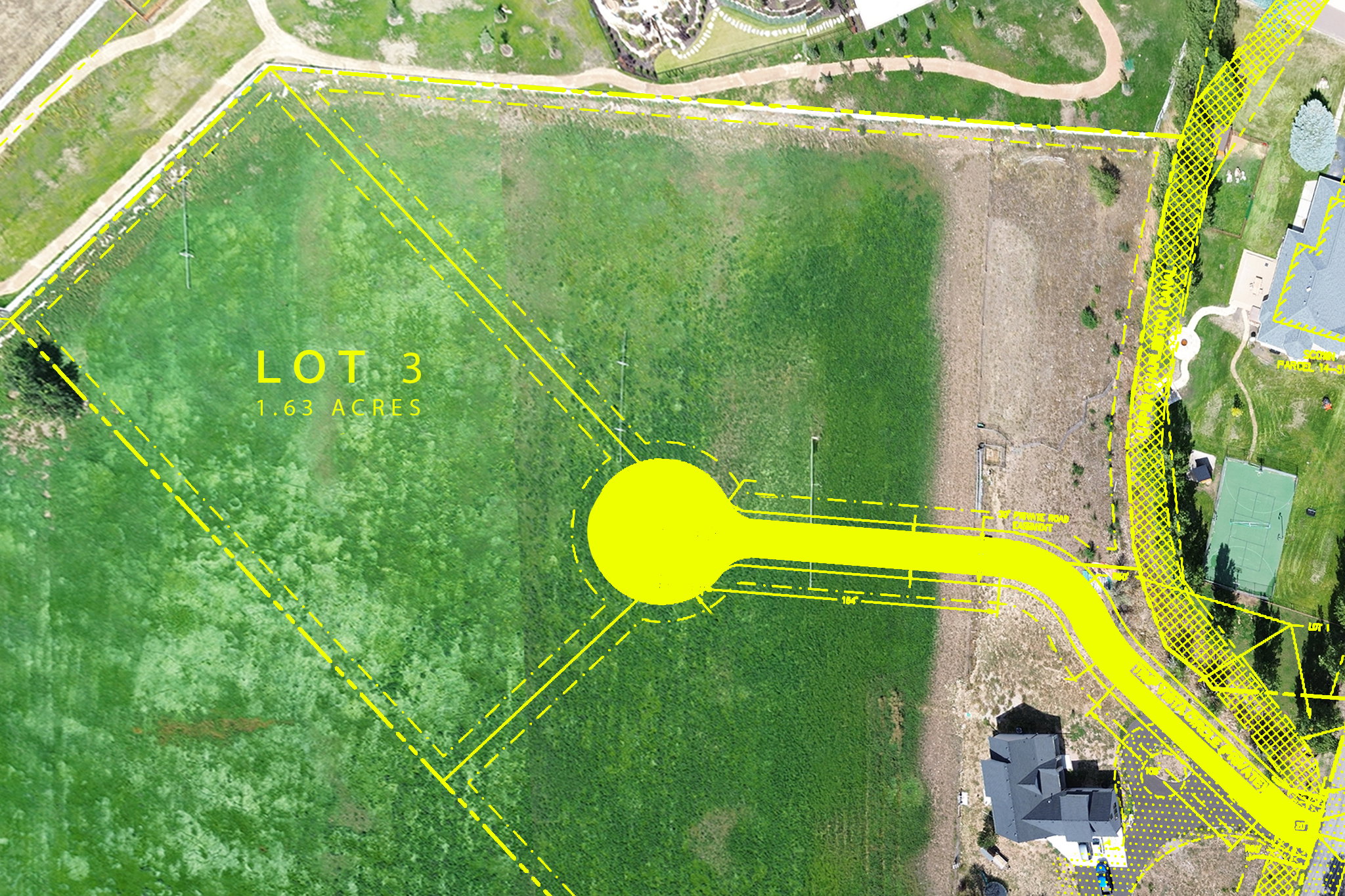 Aerial view of Lot 3, a 1.63-acre parcel featuring green space and demarcated boundaries