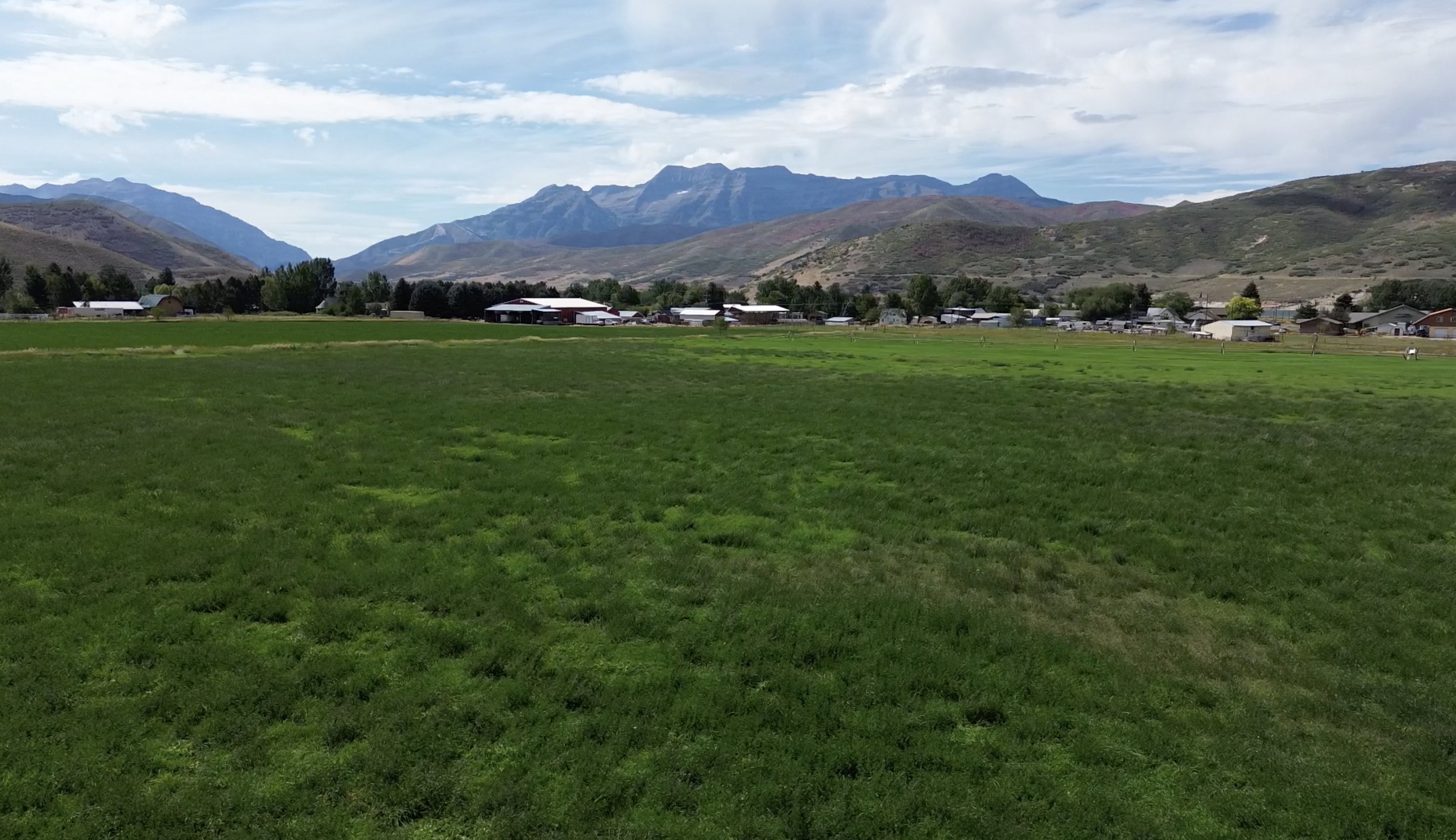 Expansive green field with distant mountain ranges and scattered structures