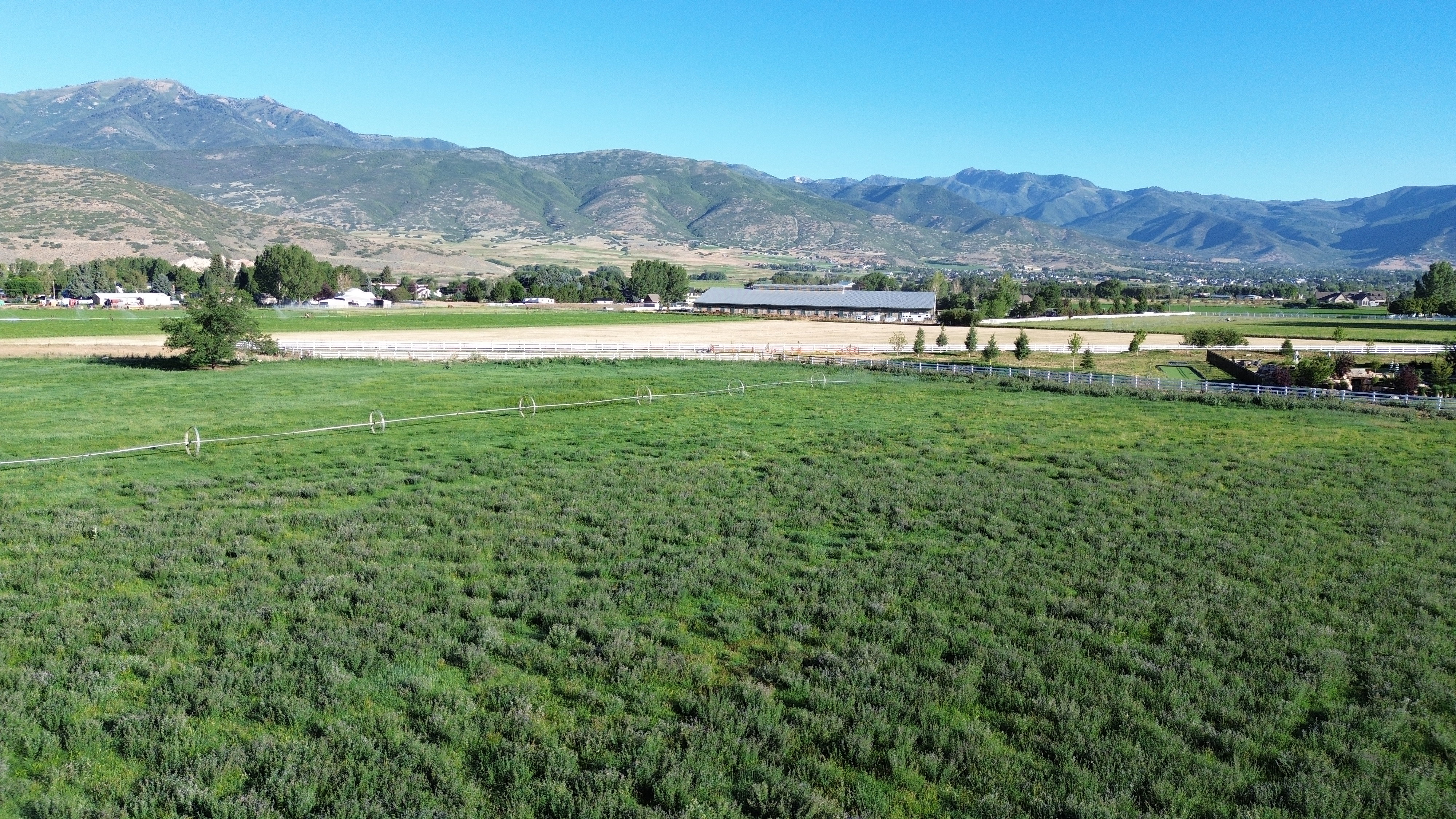 Expansive green fields with distant mountain ranges under a clear sky
