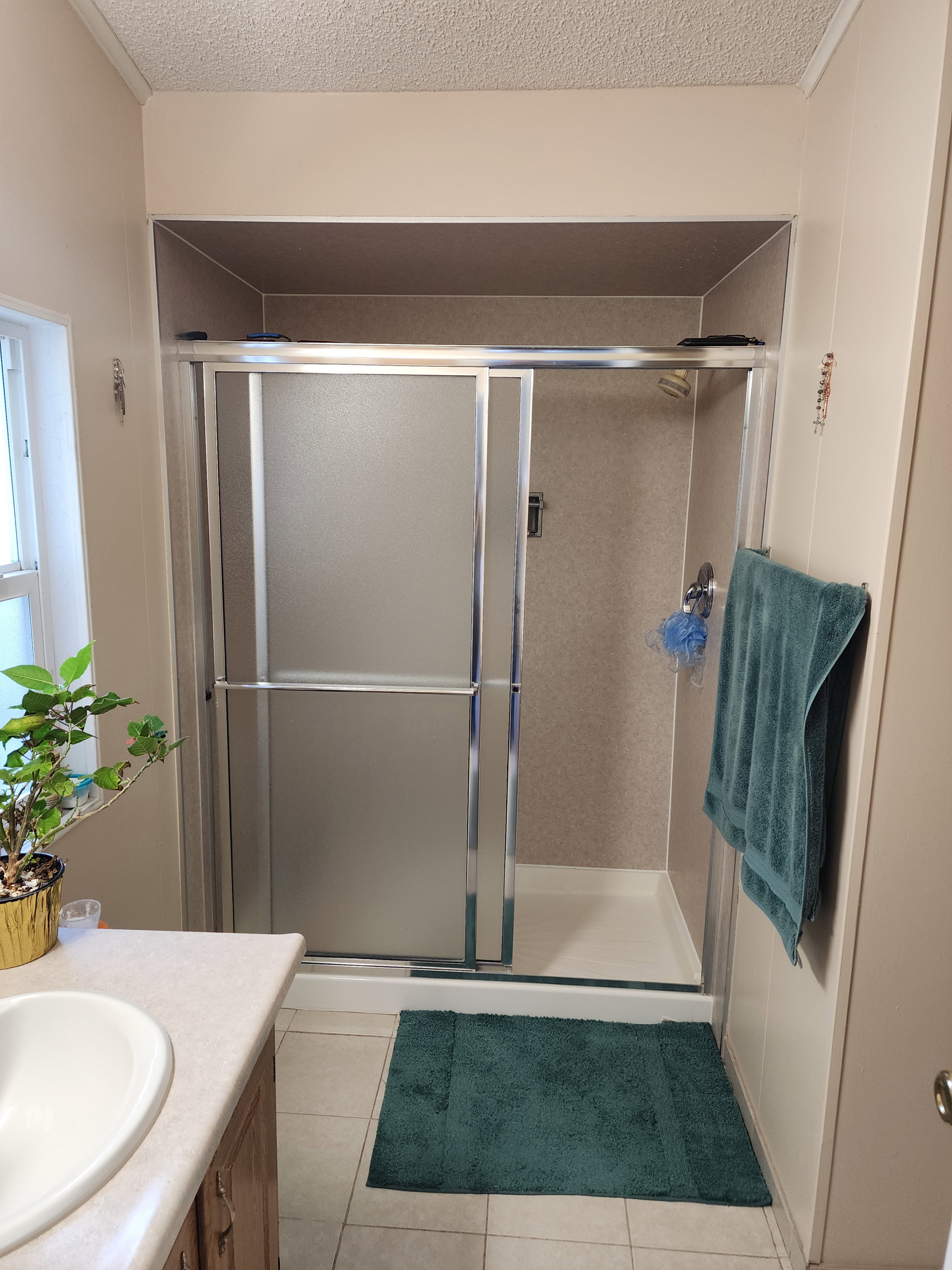 Walk-in shower with frosted glass enclosure and chrome hardware
