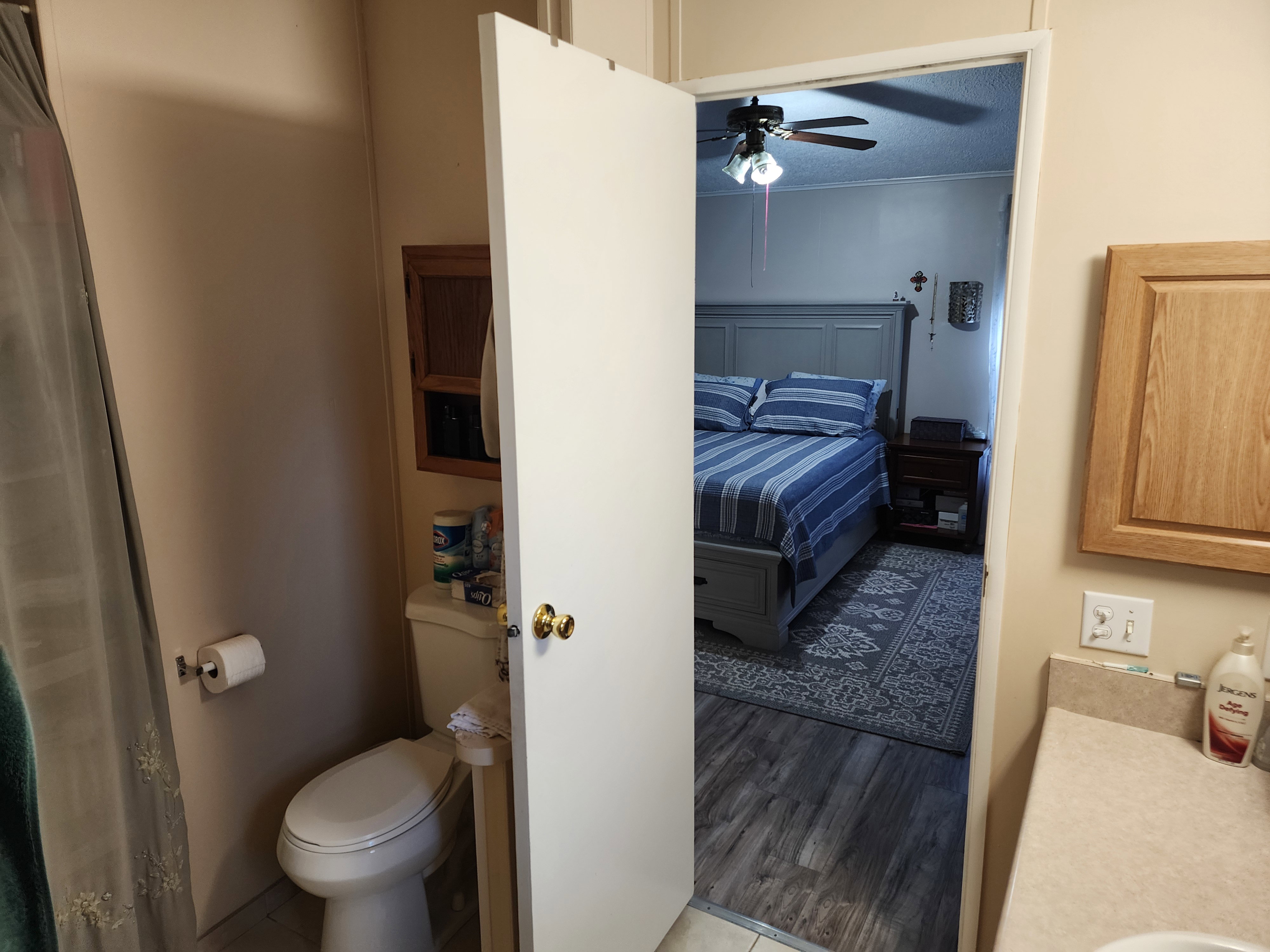 Bathroom area featuring a white toilet, light-toned countertop, and light wood-finish cabinetry