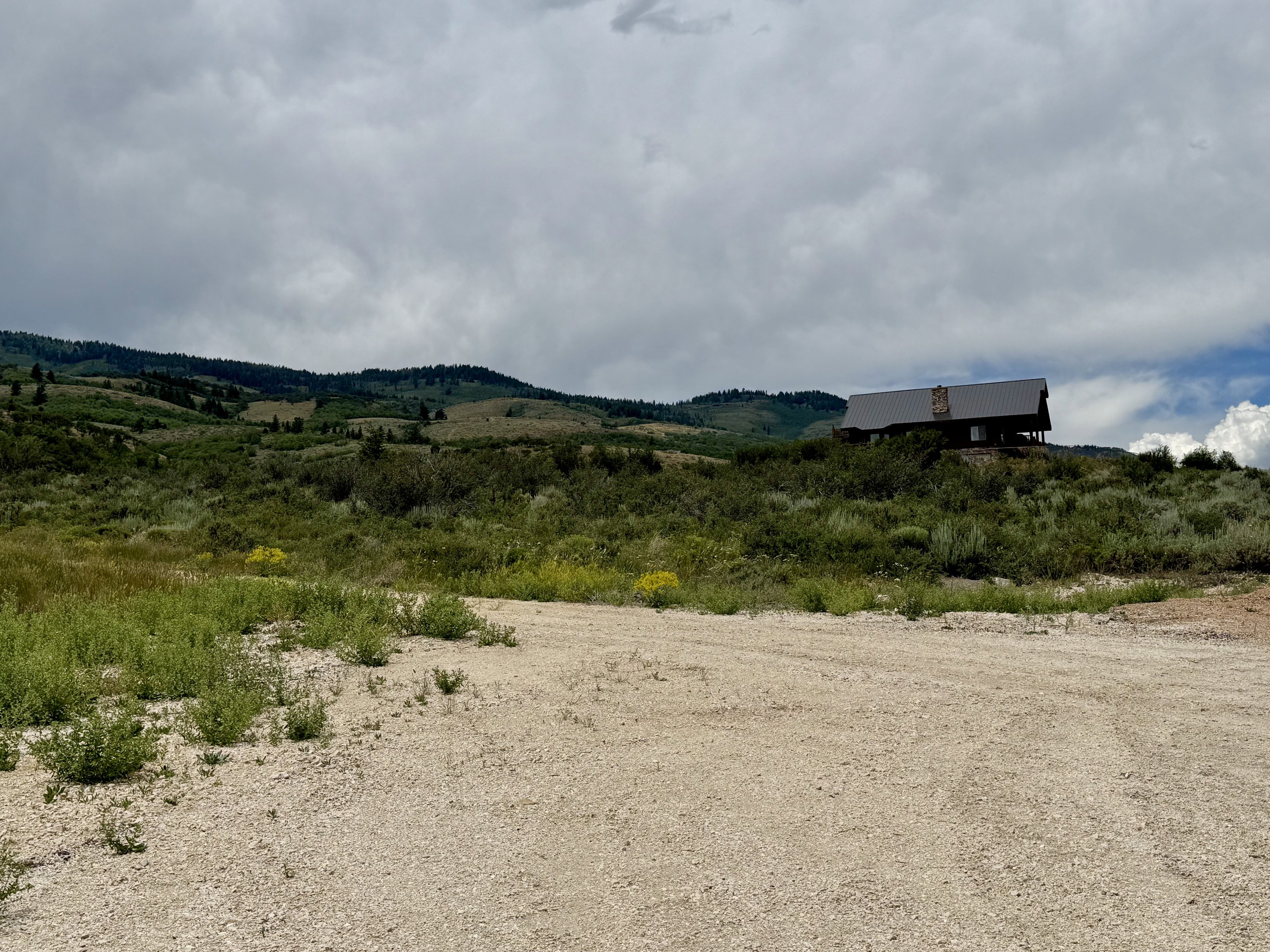Hillside property featuring a cabin-style residence with a dark metal roof and stone chimney