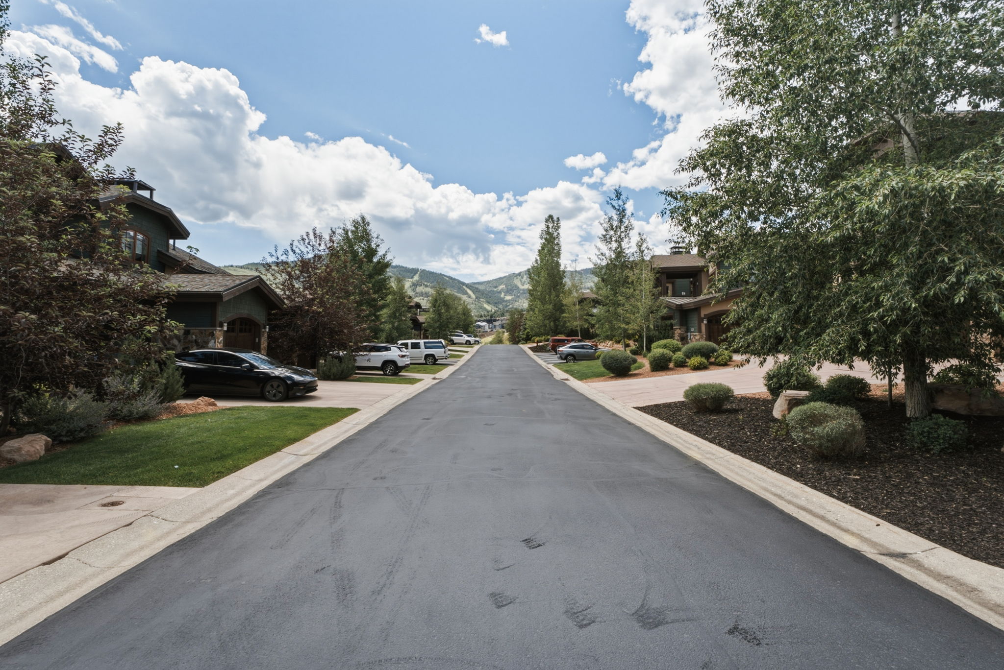 Fairway Ln. - quiet, wide street with mature trees and landscaped properties, featuring mountain scenery in the distance
