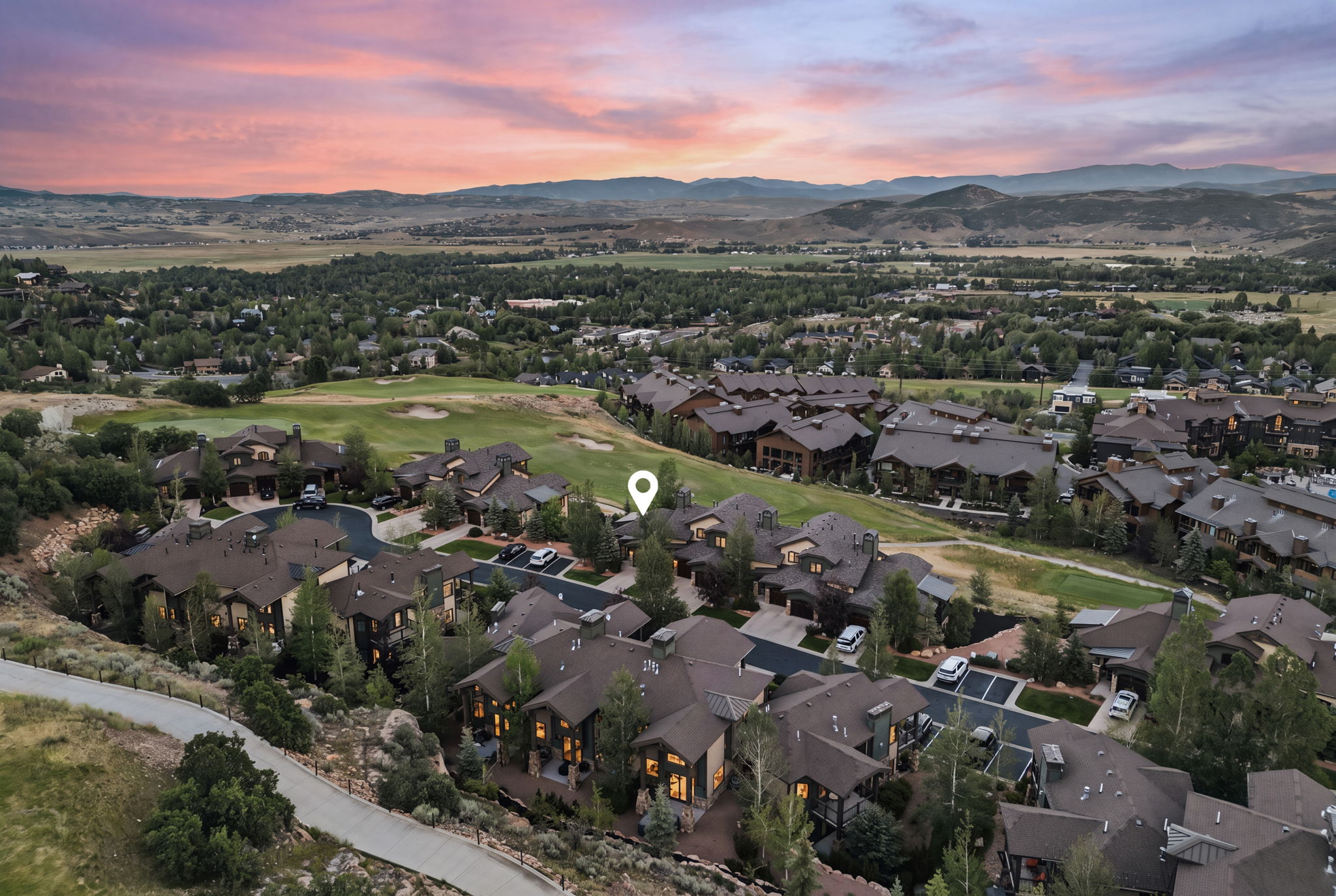 Aerial perspective showcasing a residential community with varied architectural styles