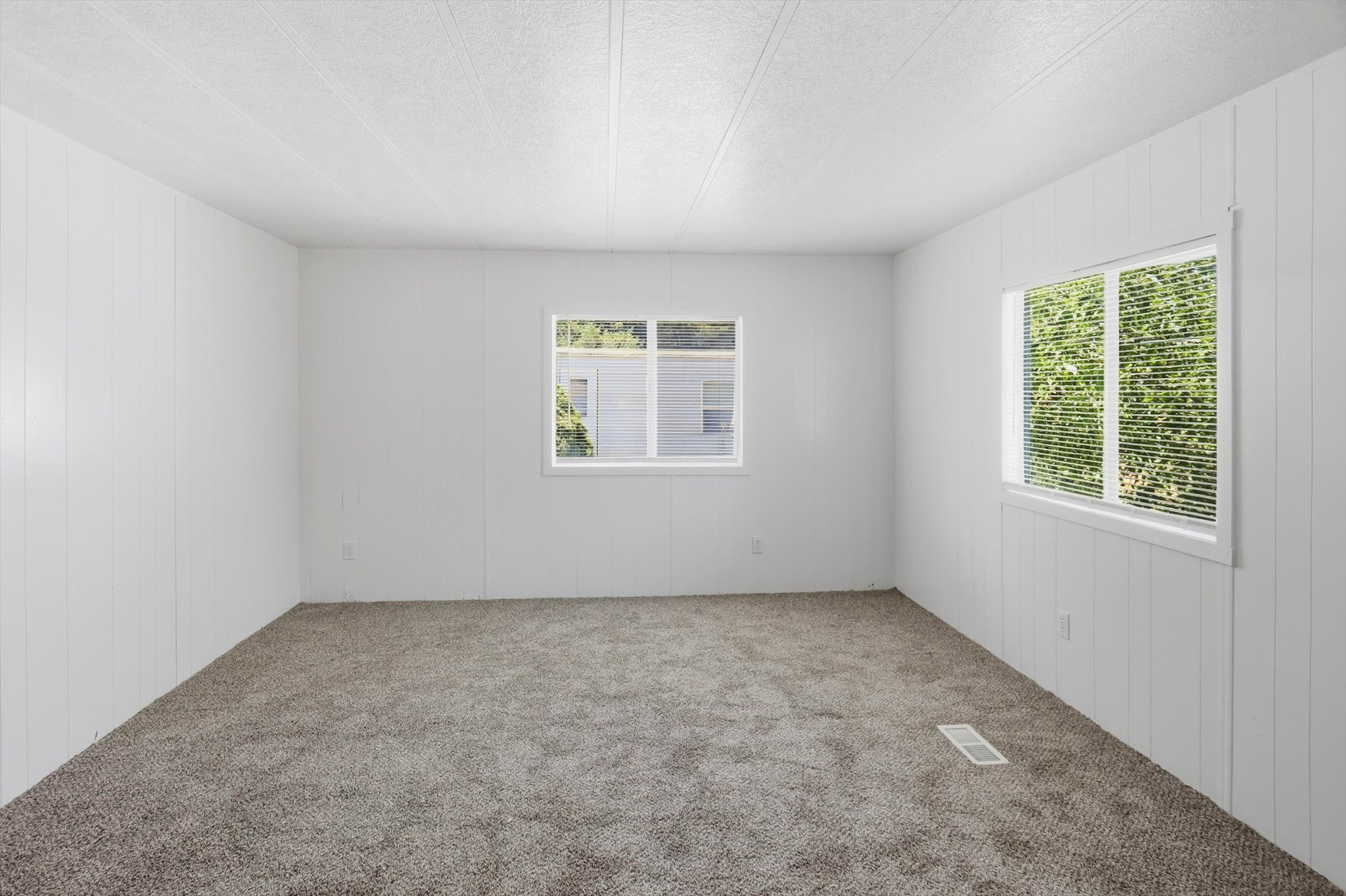 Bright interior space featuring light gray textured carpeting, white paneled walls, and two windows with white blinds