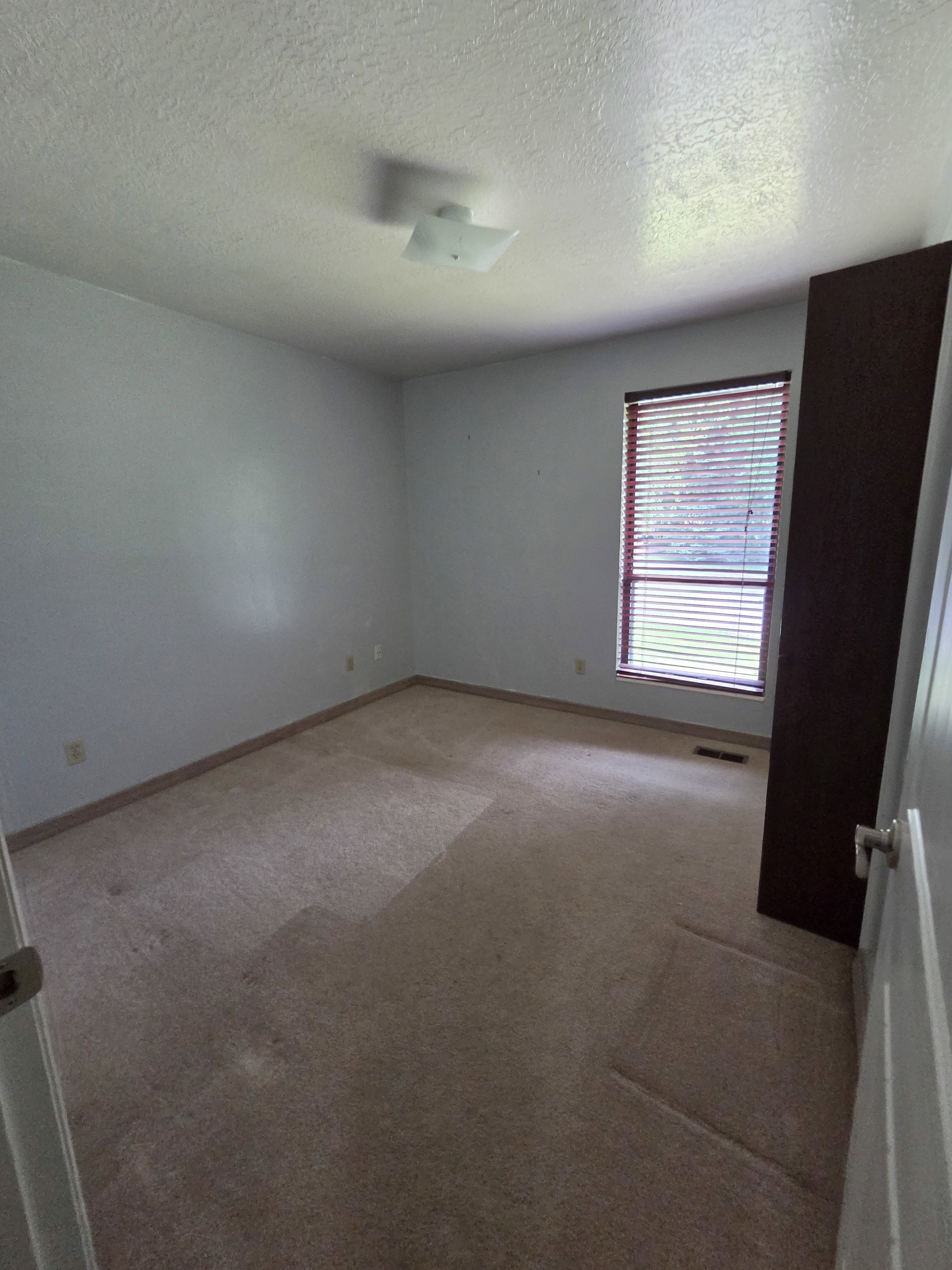 Carpeted room with a single window featuring horizontal blinds