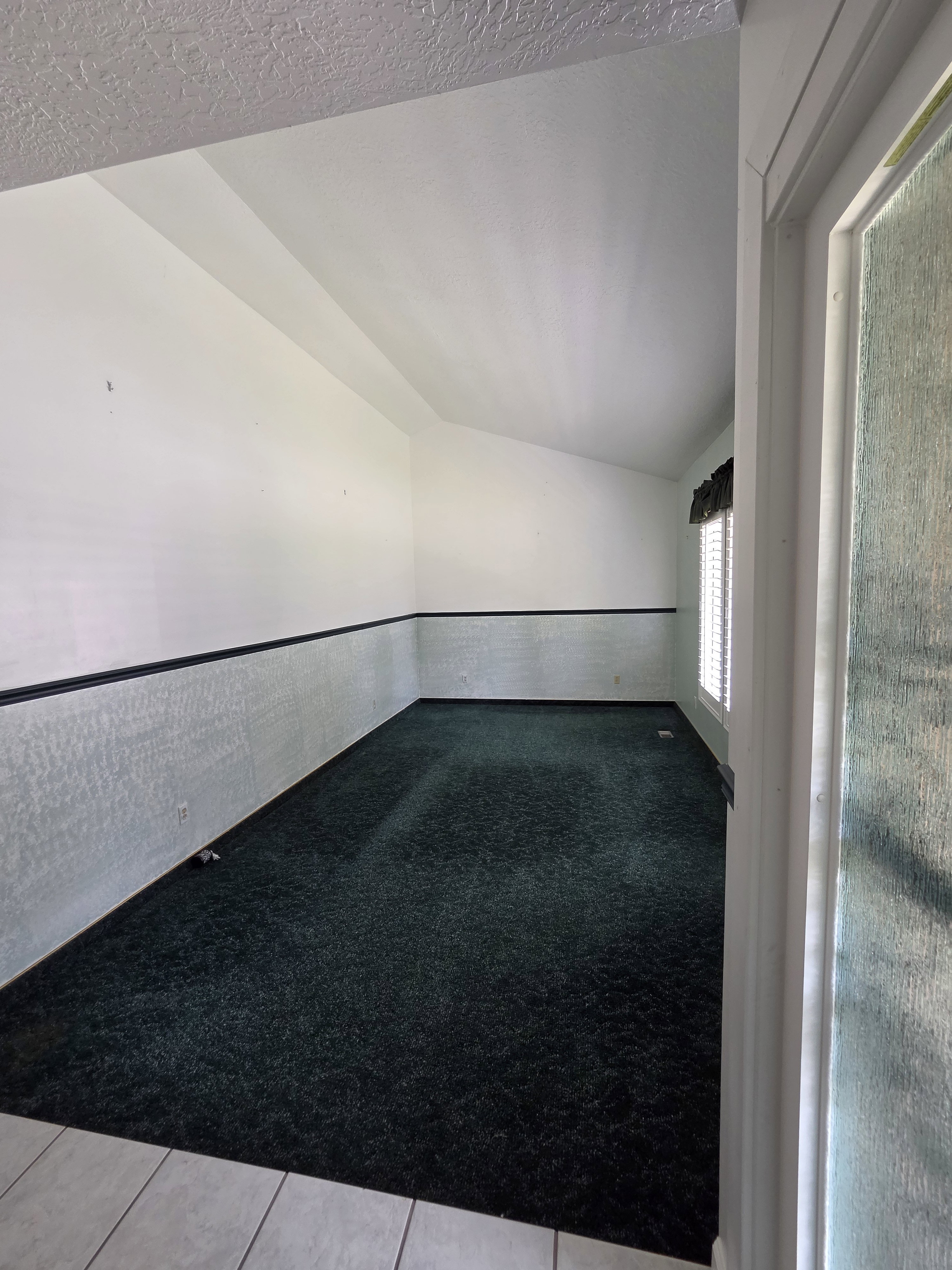 Room featuring dark green carpeting, white walls, and a vaulted ceiling