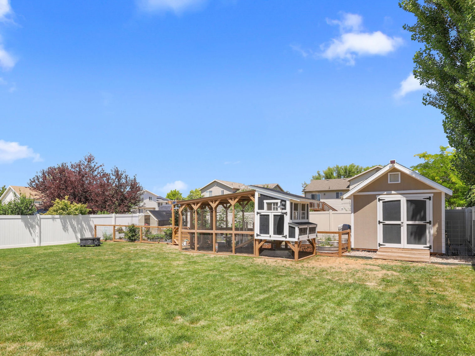 Expansive green lawn featuring a substantial storage shed with double doors, an enclosed chicken coop structure, and a perimeter white vinyl fence